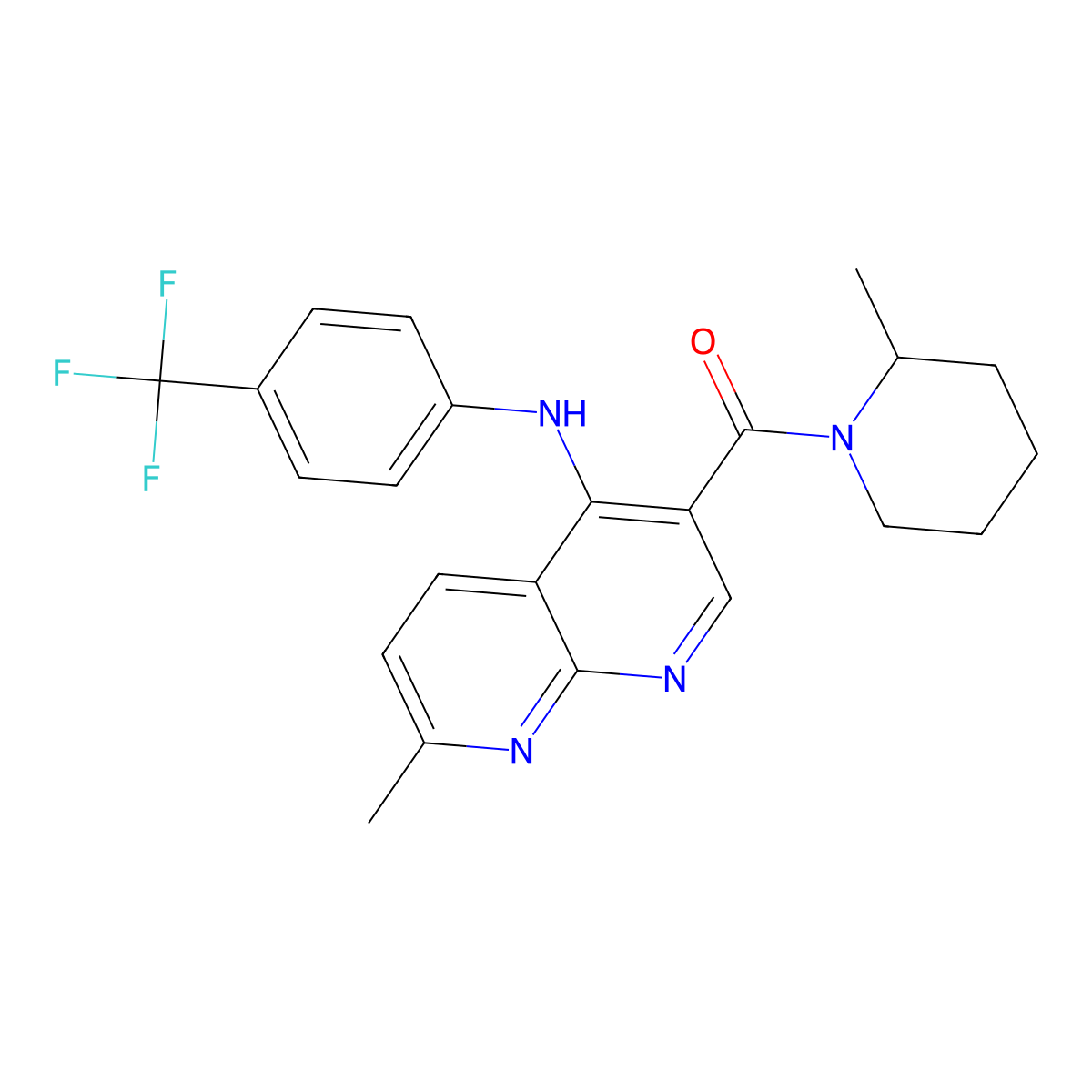 (7-Methyl-4-((4-(trifluoromethyl)phenyl)amino)-1,8-naphthyridin-3-yl)(2-methylpiperidin-1-yl)methanone molecular structure, CAS 1251588-32-5