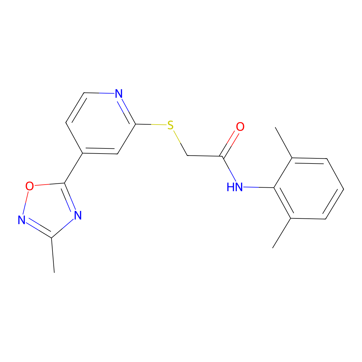 N-(2,6-dimethylphenyl)-2-((4-(3-methyl-1,2,4-oxadiazol-5-yl)pyridin-2-yl)thio)acetamide molecular structure, CAS 1251588-47-2
