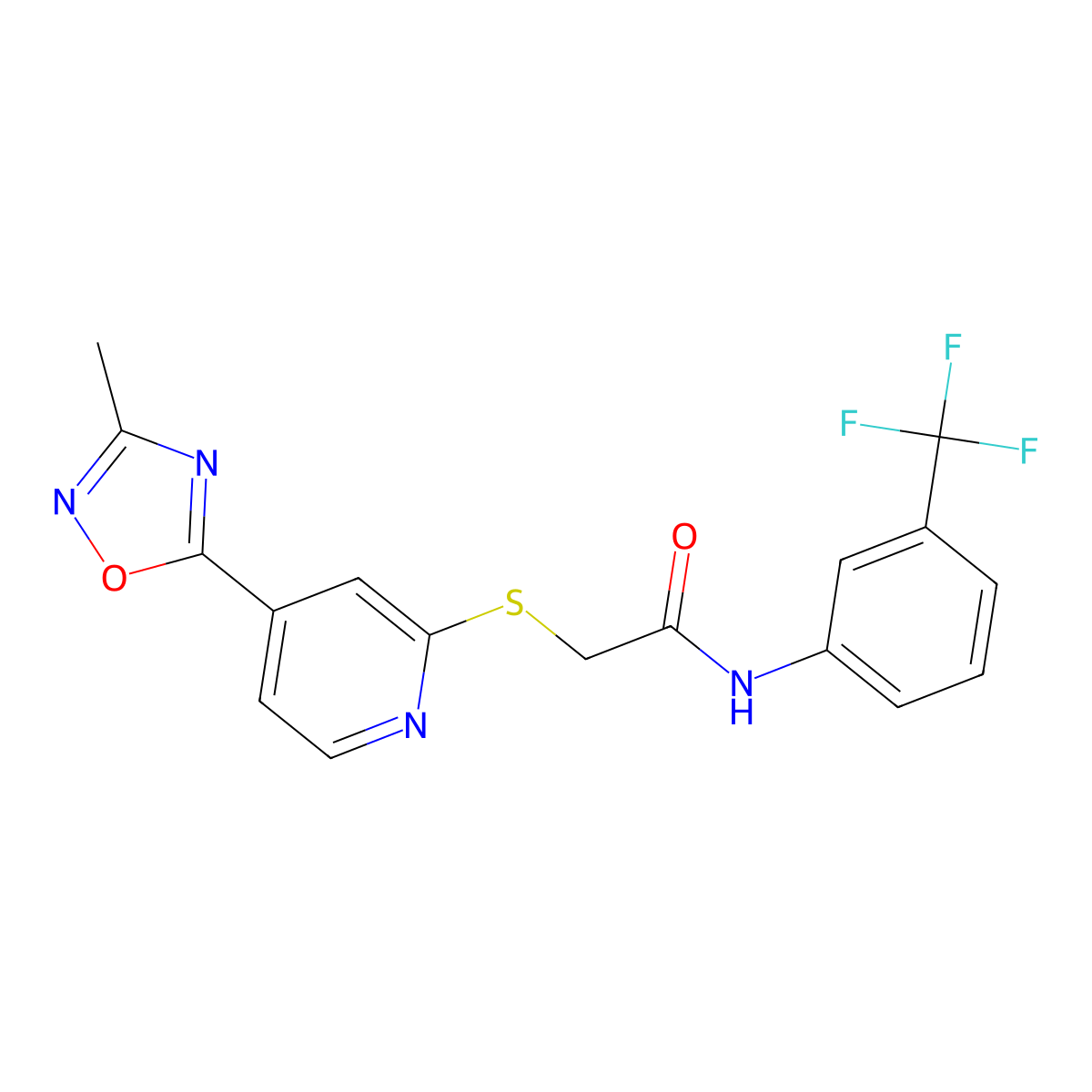 2-((4-(3-methyl-1,2,4-oxadiazol-5-yl)pyridin-2-yl)thio)-N-(3-(trifluoromethyl)phenyl)acetamide molecular structure, CAS 1251588-65-4