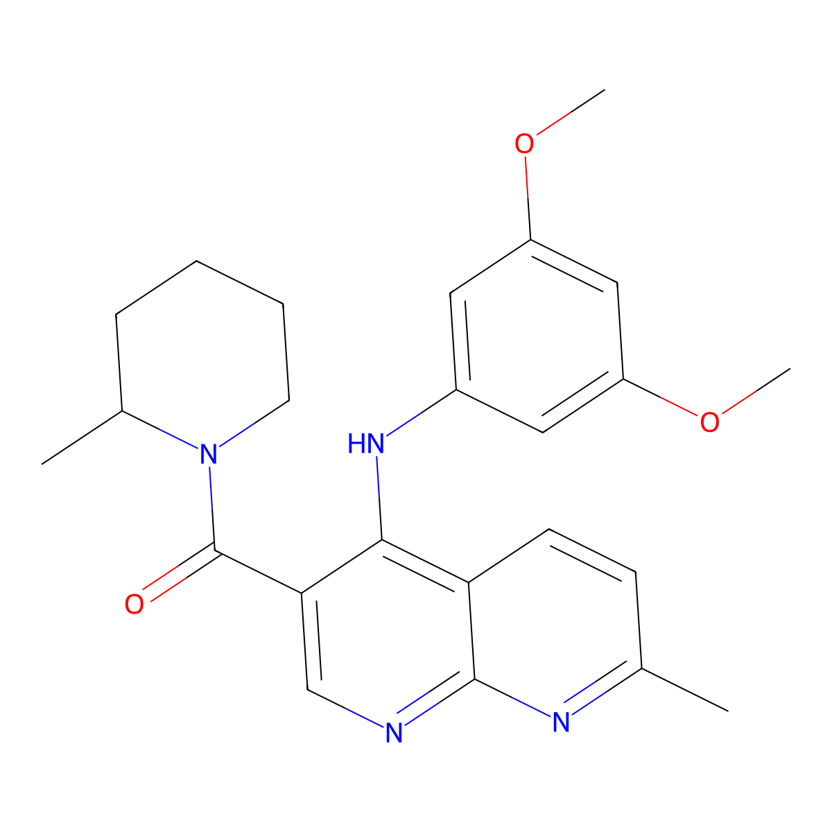 (4-((3,5-Dimethoxyphenyl)amino)-7-methyl-1,8-naphthyridin-3-yl)(2-methylpiperidin-1-yl)methanone molecular structure, CAS 1251588-68-7