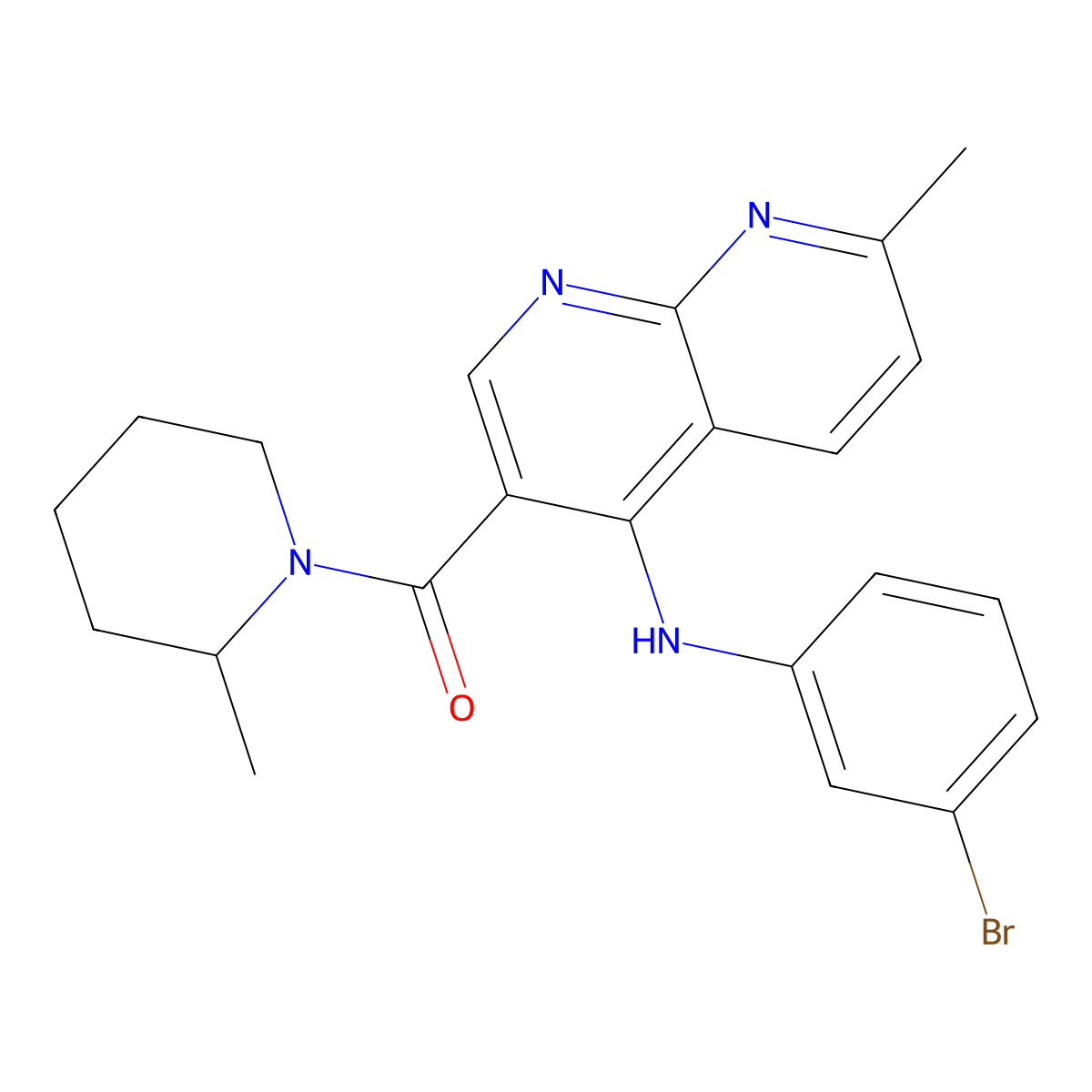 (4-((3-Bromophenyl)amino)-7-methyl-1,8-naphthyridin-3-yl)(2-methylpiperidin-1-yl)methanone molecular structure, CAS 1251588-80-3