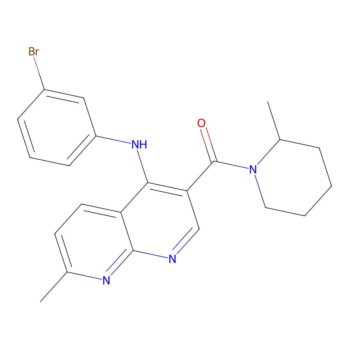 (4-((3-Bromophenyl)amino)-7-methyl-1,8-naphthyridin-3-yl)(2-methylpiperidin-1-yl)methanone molecular structure, CAS 1251588-80-3