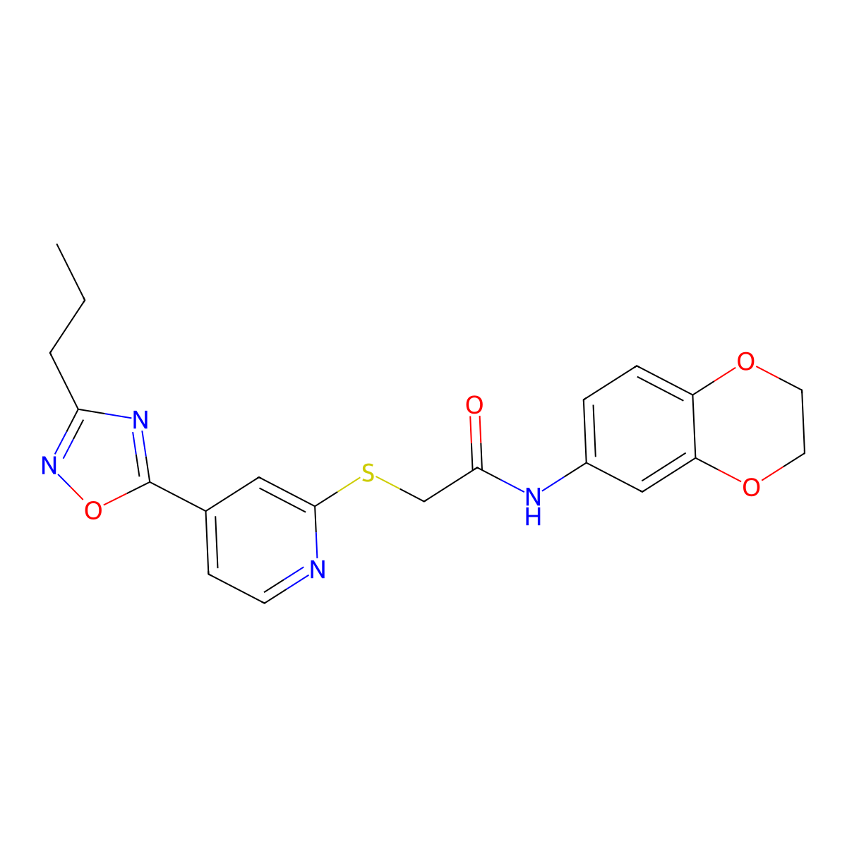 N-(2,3-dihydrobenzo[b][1,4]dioxin-6-yl)-2-((4-(3-propyl-1,2,4-oxadiazol-5-yl)pyridin-2-yl)thio)acetamide molecular structure, CAS 1251589-02-2