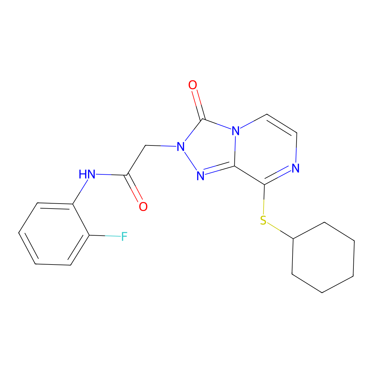 2-(8-(cyclohexylthio)-3-oxo-[1,2,4]triazolo[4,3-a]pyrazin-2(3H)-yl)-N-(2-fluorophenyl)acetamide molecular structure, CAS 1251589-06-6