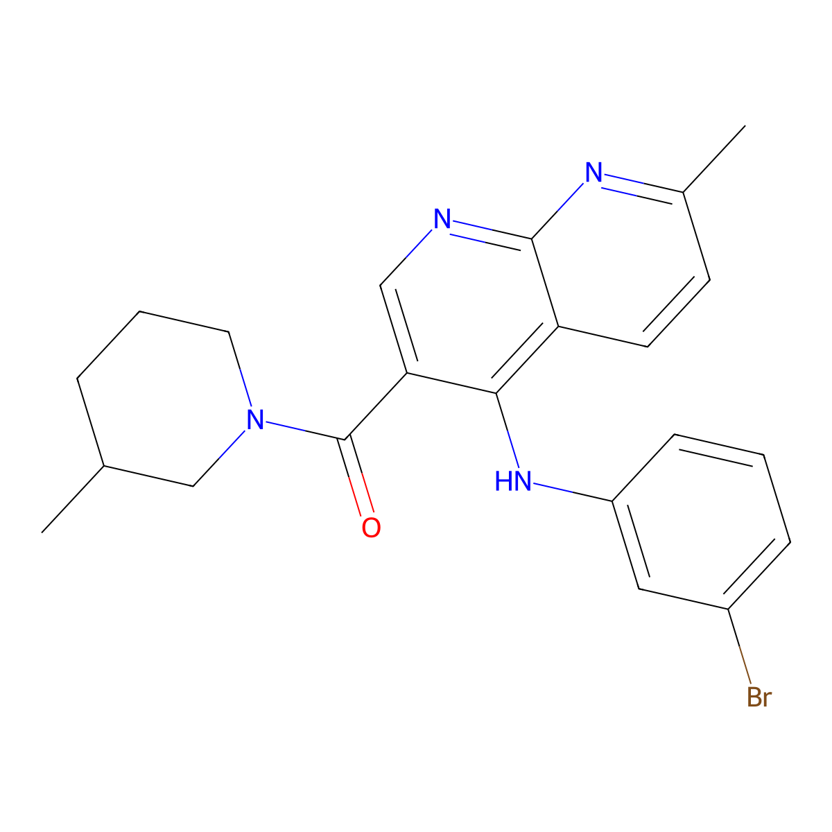 (4-((3-Bromophenyl)amino)-7-methyl-1,8-naphthyridin-3-yl)(3-methylpiperidin-1-yl)methanone molecular structure, CAS 1251589-34-0
