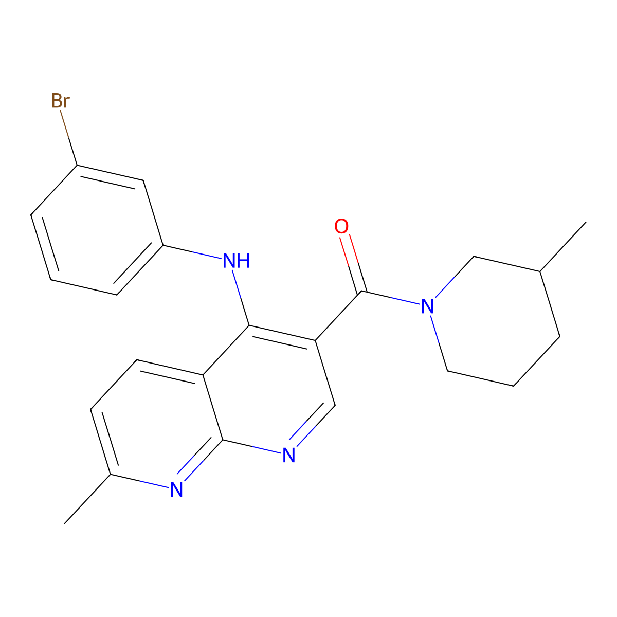 (4-((3-Bromophenyl)amino)-7-methyl-1,8-naphthyridin-3-yl)(3-methylpiperidin-1-yl)methanone molecular structure, CAS 1251589-34-0
