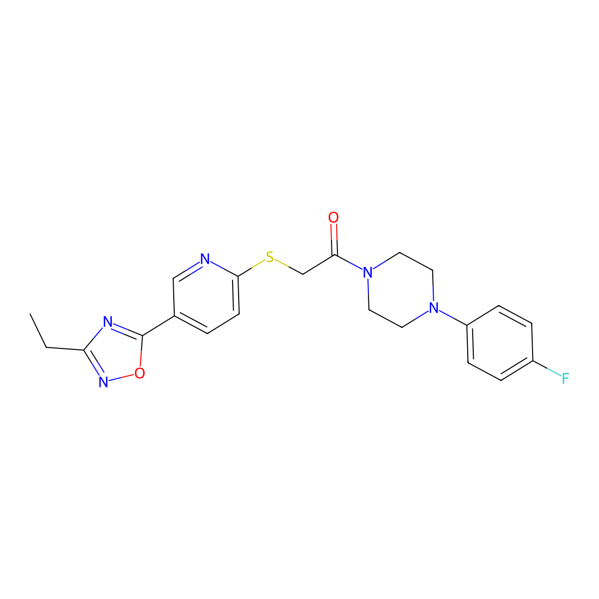 1-({[5-(3-Ethyl-1,2,4-oxadiazol-5-yl)pyridin-2-yl]thio}acetyl)-4-(4-fluorophenyl)piperazine molecular structure, CAS 1251589-42-0