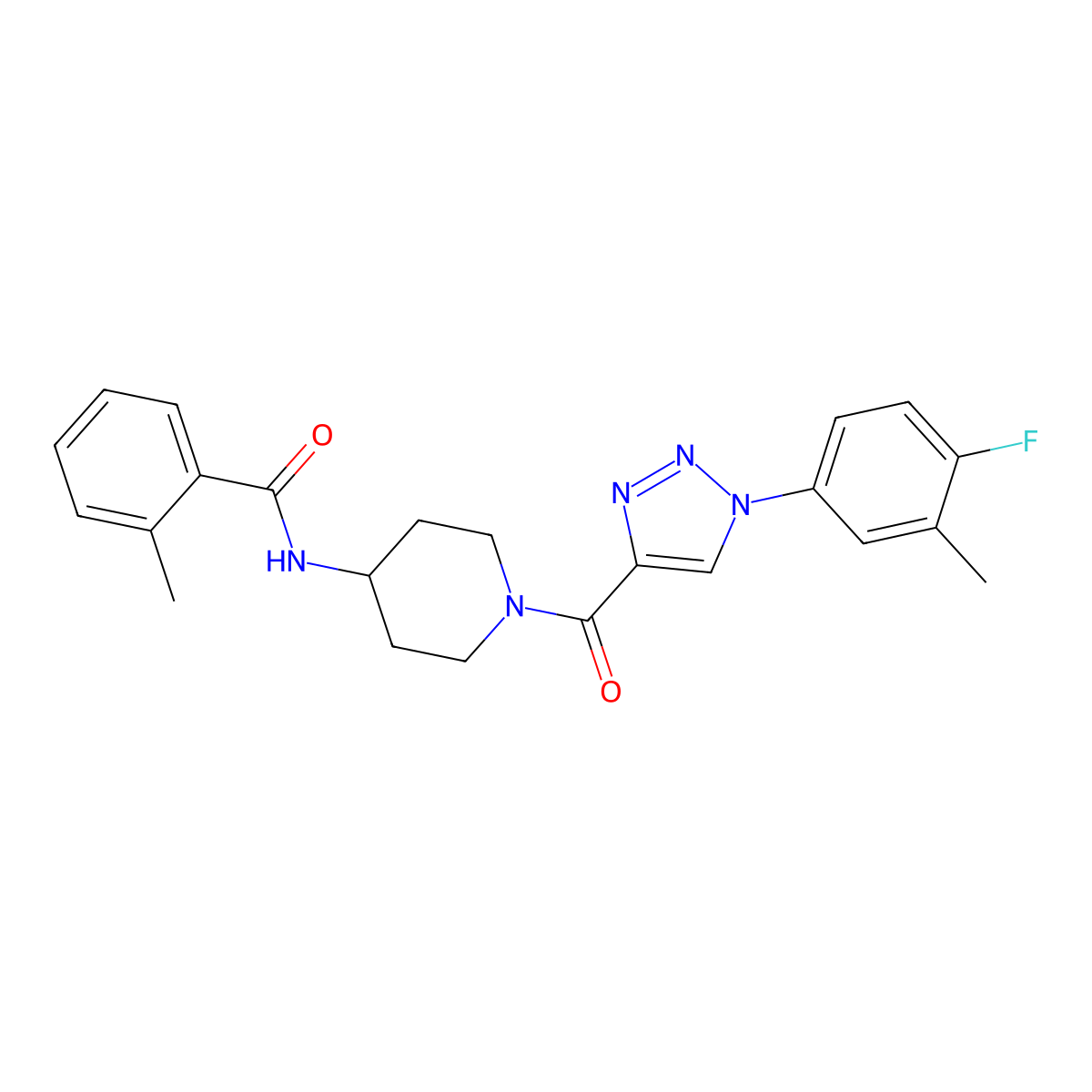 N-(1-(1-(4-fluoro-3-methylphenyl)-1H-1,2,3-triazole-4-carbonyl)piperidin-4-yl)-2-methylbenzamide molecular structure, CAS 1251589-43-1