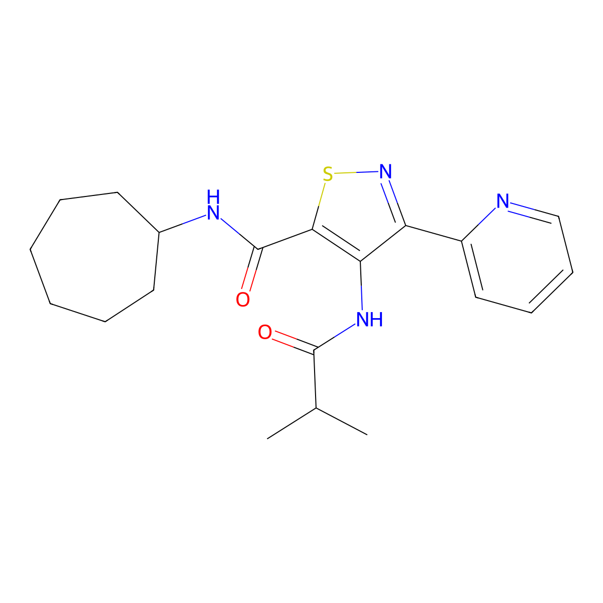 N-cycloheptyl-4-(isobutyrylamino)-3-pyridin-2-ylisothiazole-5-carboxamide molecular structure, CAS 1251589-69-1