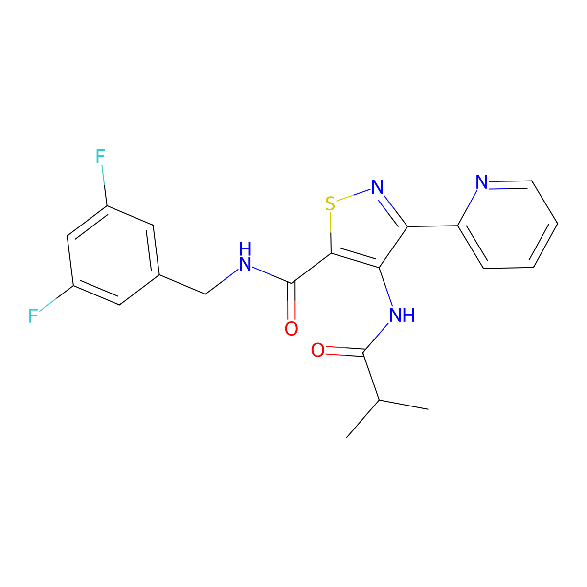 N-[(3,5-difluorophenyl)methyl]-4-(2-methylpropanamido)-3-(pyridin-2-yl)-1,2-thiazole-5-carboxamide molecular structure, CAS 1251589-74-8