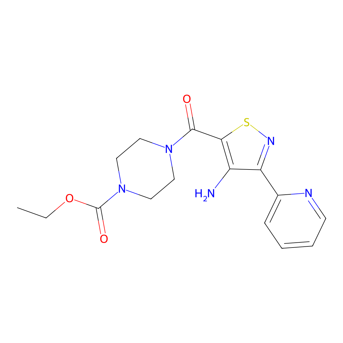 Ethyl 4-[4-amino-3-(pyridin-2-yl)-1,2-thiazole-5-carbonyl]piperazine-1-carboxylate molecular structure, CAS 1251589-79-3