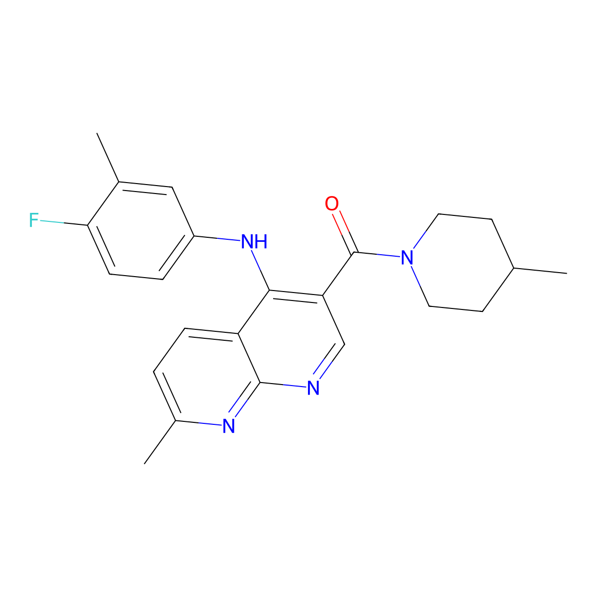 (4-((4-Fluoro-3-methylphenyl)amino)-7-methyl-1,8-naphthyridin-3-yl)(4-methylpiperidin-1-yl)methanone molecular structure, CAS 1251589-89-5