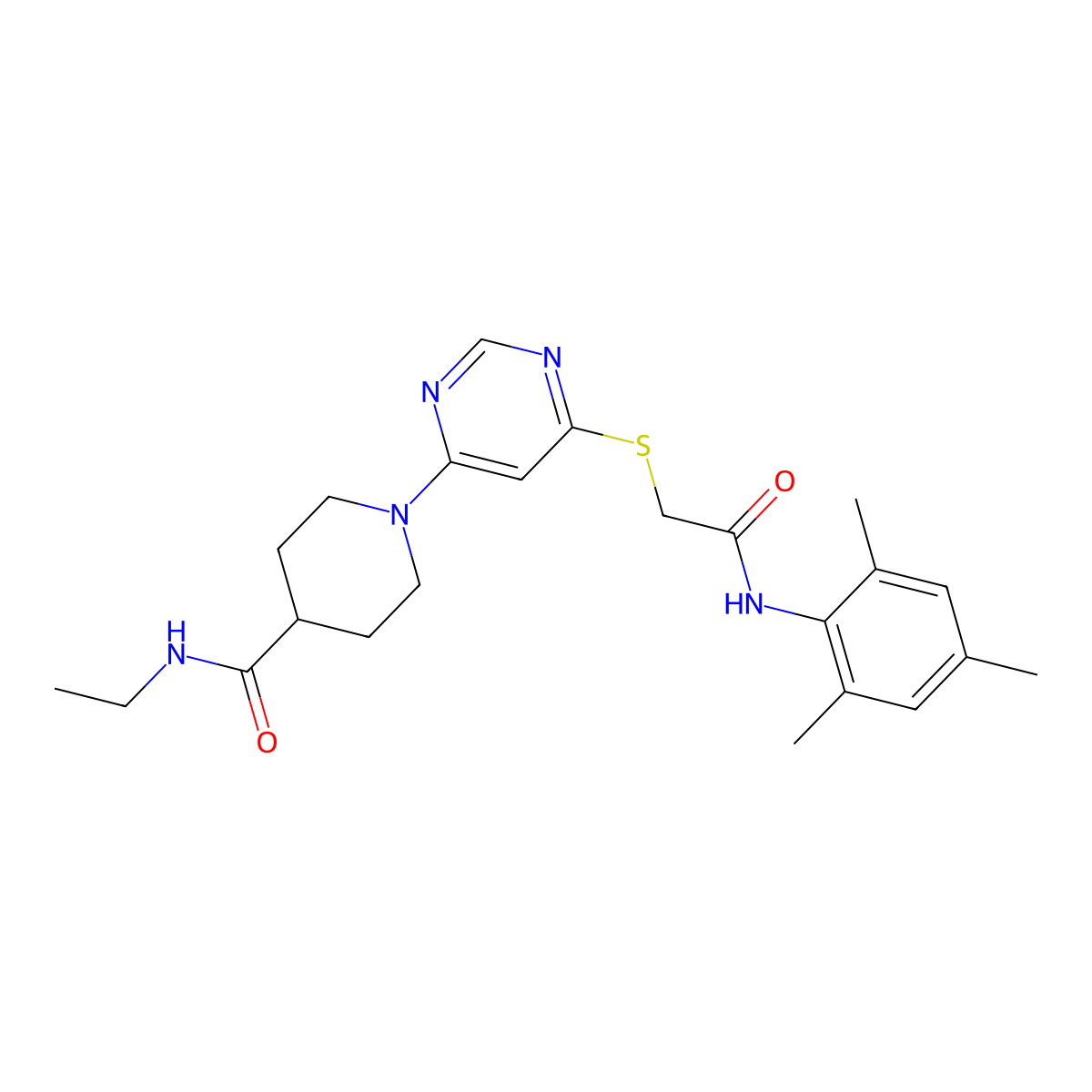N-ethyl-1-(6-((2-(mesitylamino)-2-oxoethyl)thio)pyrimidin-4-yl)piperidine-4-carboxamide molecular structure, CAS 1251590-79-0