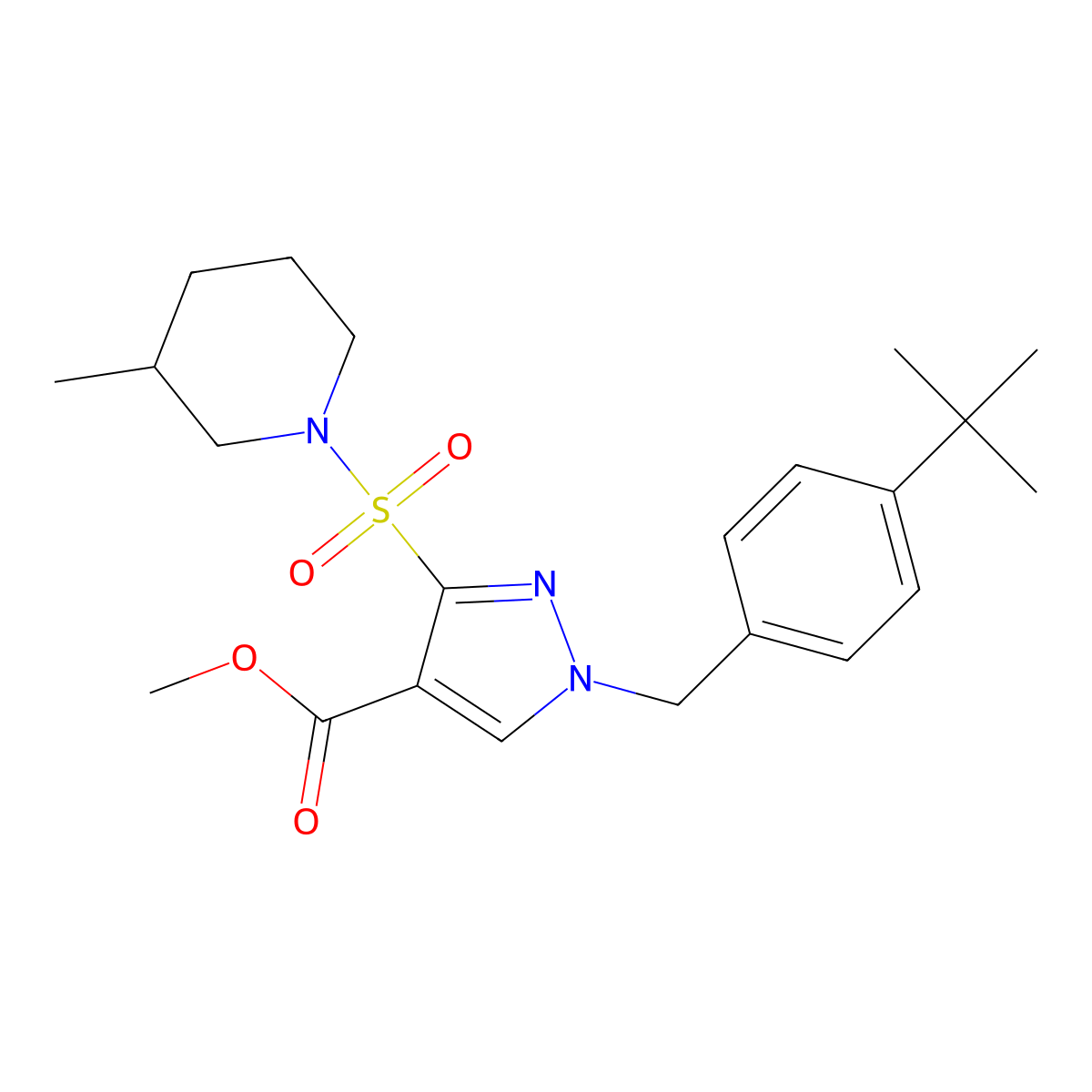 methyl 1-(4-(tert-butyl)benzyl)-3-((3-methylpiperidin-1-yl)sulfonyl)-1H-pyrazole-4-carboxylate molecular structure, CAS 1251591-01-1