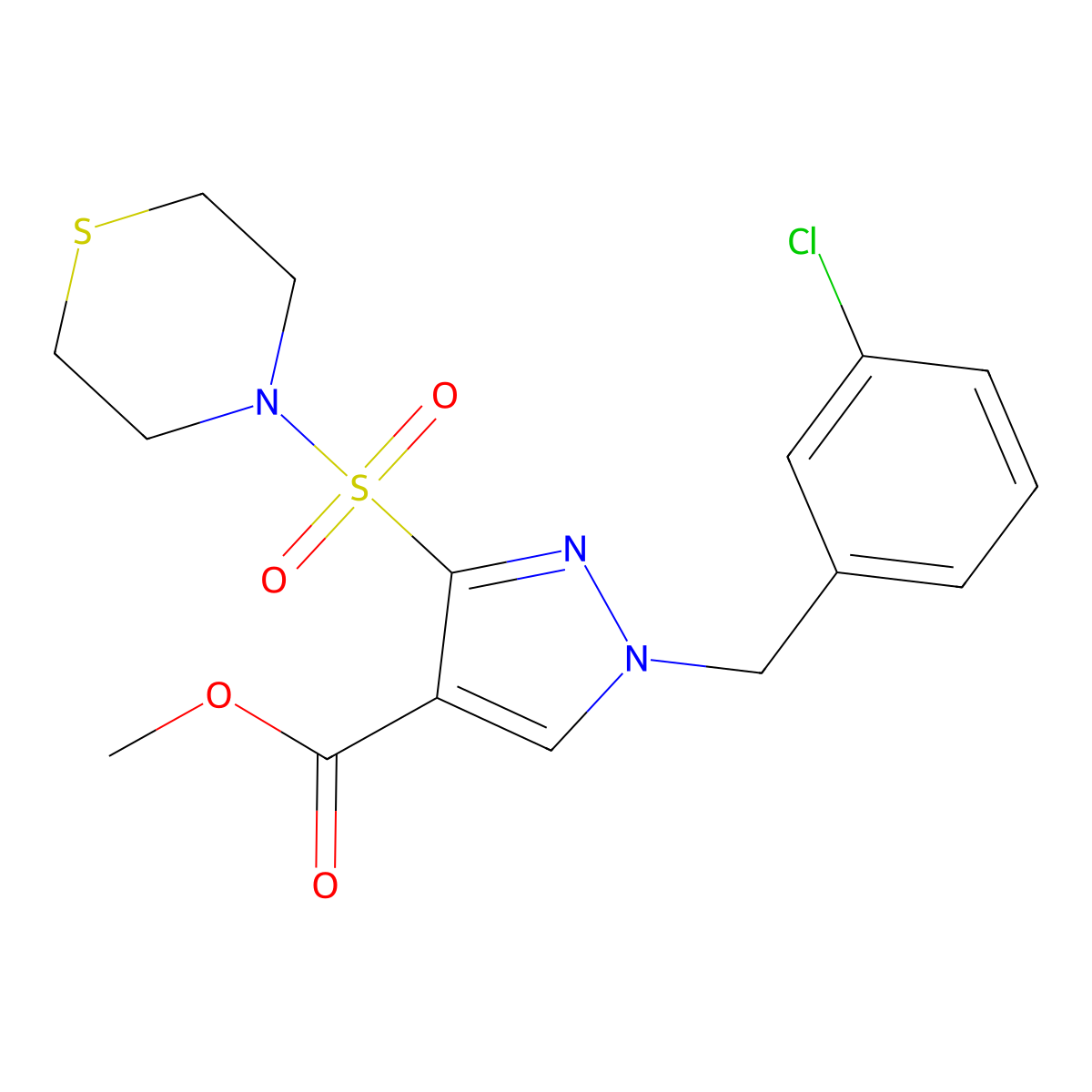 methyl 1-(3-chlorobenzyl)-3-(thiomorpholinosulfonyl)-1H-pyrazole-4-carboxylate molecular structure, CAS 1251591-34-0