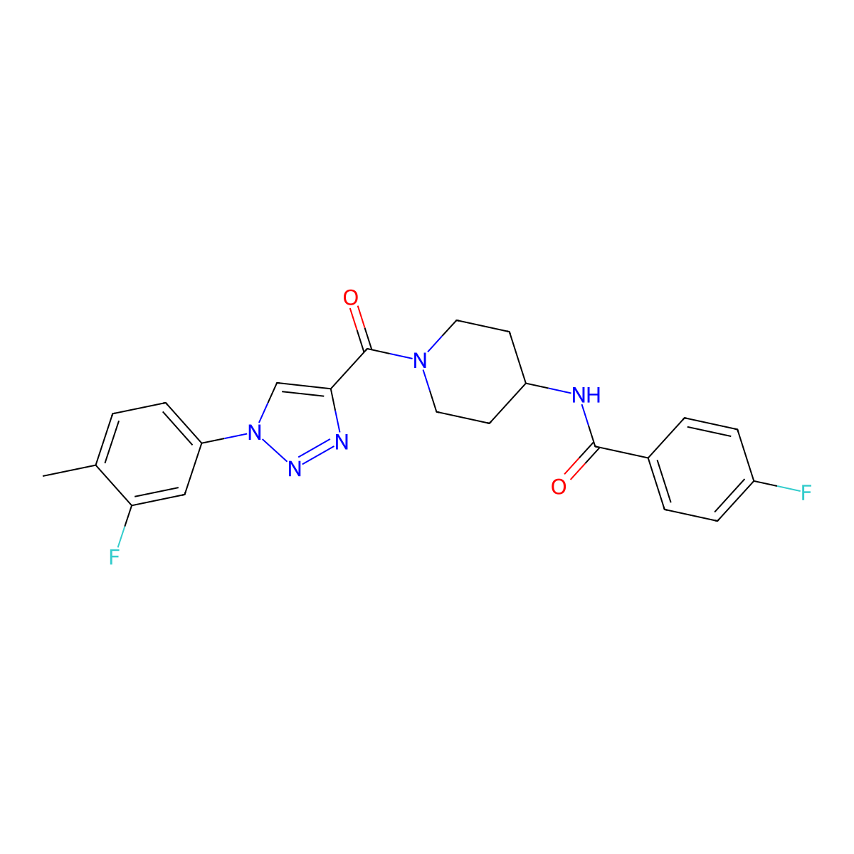 4-fluoro-N-(1-(1-(3-fluoro-4-methylphenyl)-1H-1,2,3-triazole-4-carbonyl)piperidin-4-yl)benzamide molecular structure, CAS 1251591-61-3