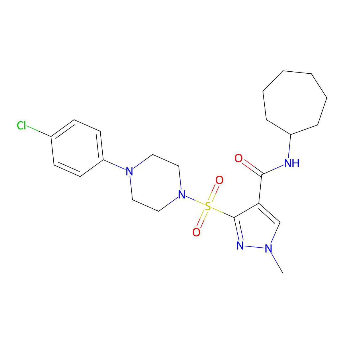 3-{[4-(4-chlorophenyl)piperazin-1-yl]sulfonyl}-N-cycloheptyl-1-methyl-1H-pyrazole-4-carboxamide molecular structure, CAS 1251592-41-2