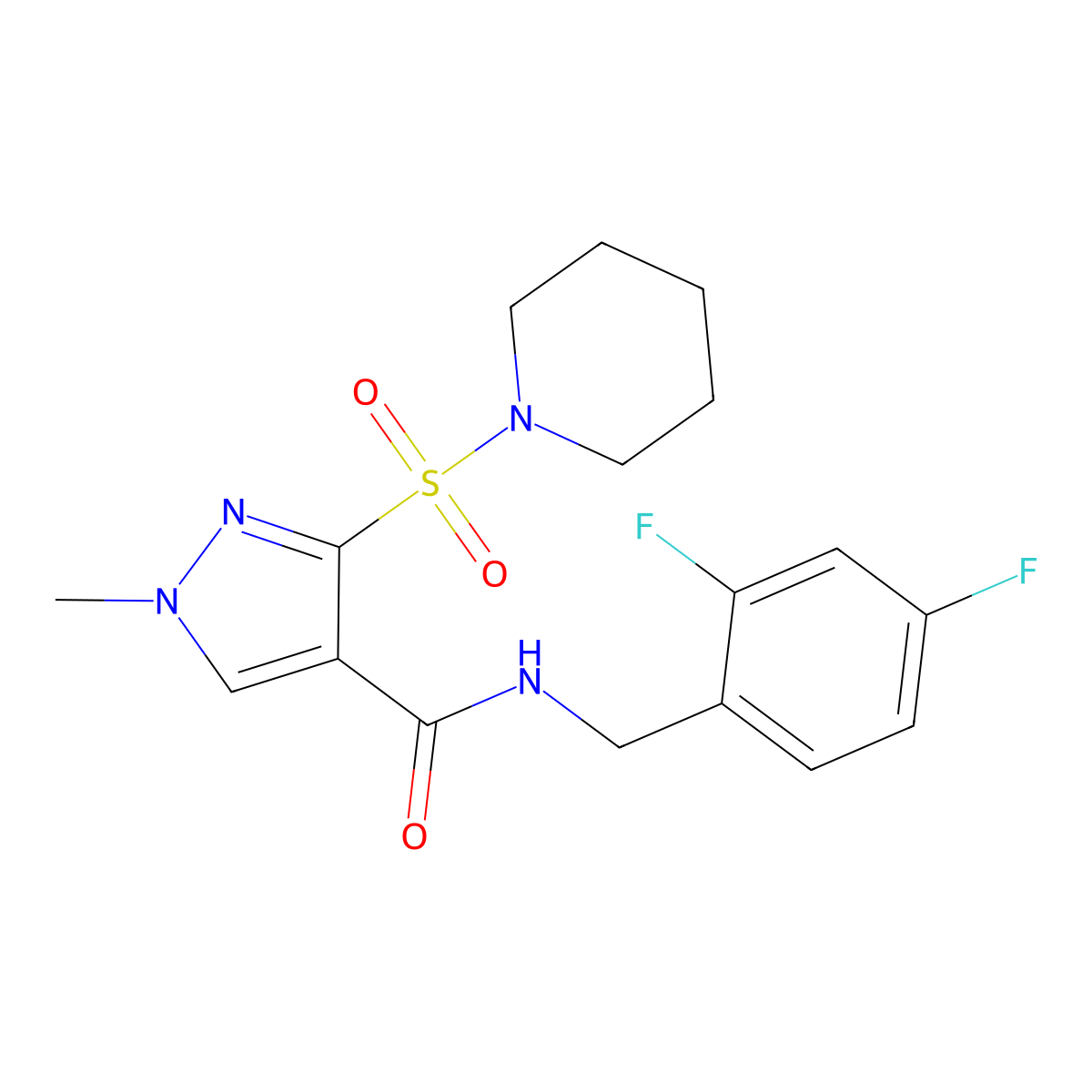 N-(2,4-difluorobenzyl)-1-methyl-3-(piperidin-1-ylsulfonyl)-1H-pyrazole-4-carboxamide molecular structure, CAS 1251592-57-0