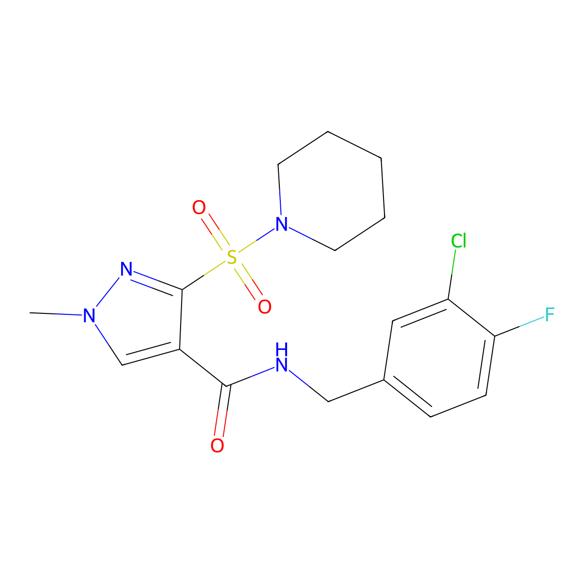 N-(3-chloro-4-fluorobenzyl)-1-methyl-3-(piperidin-1-ylsulfonyl)-1H-pyrazole-4-carboxamide molecular structure, CAS 1251592-77-4