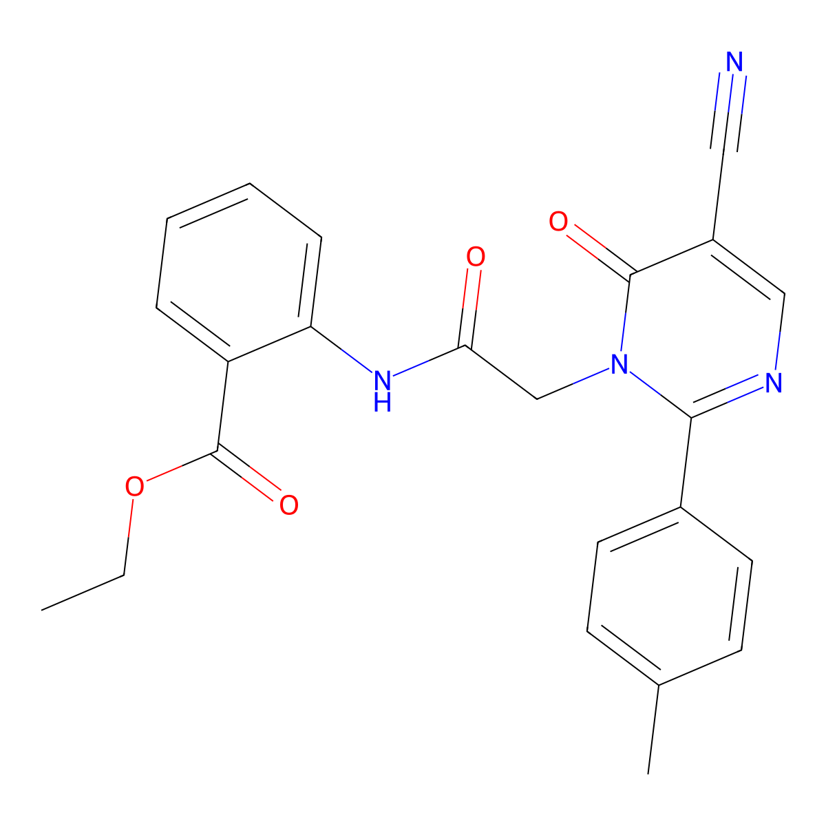 ethyl 2-(2-(5-cyano-6-oxo-2-(p-tolyl)pyrimidin-1(6H)-yl)acetamido)benzoate molecular structure, CAS 1251592-83-2
