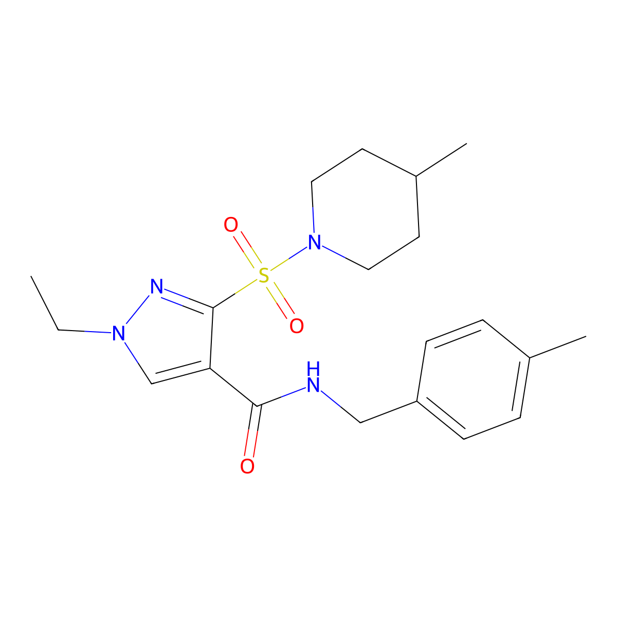 1-ethyl-N-(4-methylbenzyl)-3-((4-methylpiperidin-1-yl)sulfonyl)-1H-pyrazole-4-carboxamide molecular structure, CAS 1251592-86-5