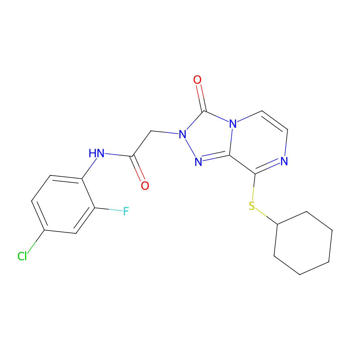 N-(4-chloro-2-fluorophenyl)-2-(8-(cyclohexylthio)-3-oxo-[1,2,4]triazolo[4,3-a]pyrazin-2(3H)-yl)acetamide molecular structure, CAS 1251592-92-3