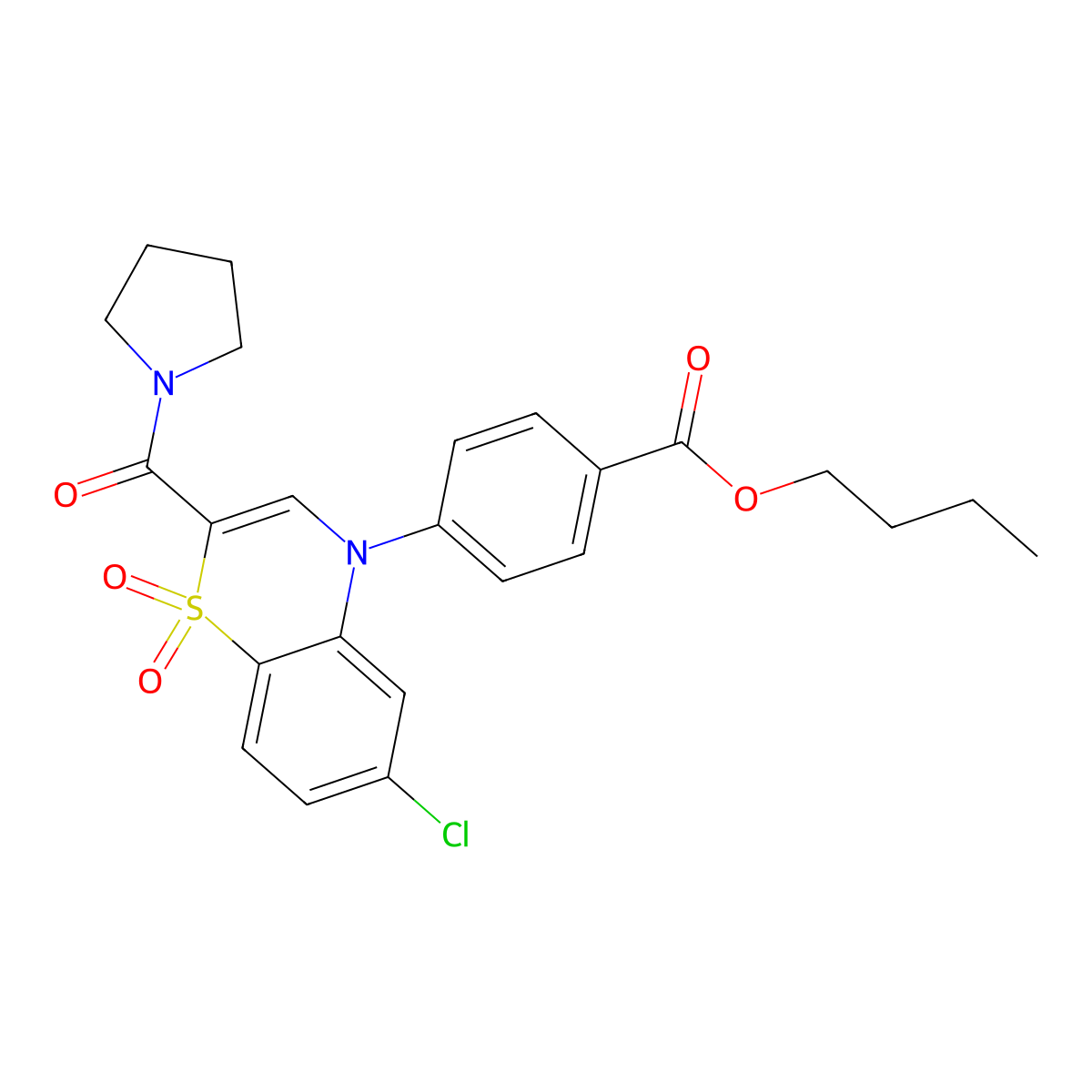 butyl 4-[6-chloro-1,1-dioxido-2-(pyrrolidin-1-ylcarbonyl)-4H-1,4-benzothiazin-4-yl]benzoate molecular structure, CAS 1251593-22-2