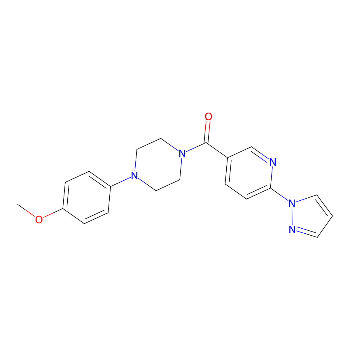 (6-(1H-pyrazol-1-yl)pyridin-3-yl)(4-(4-methoxyphenyl)piperazin-1-yl)methanone molecular structure, CAS 1251593-45-9