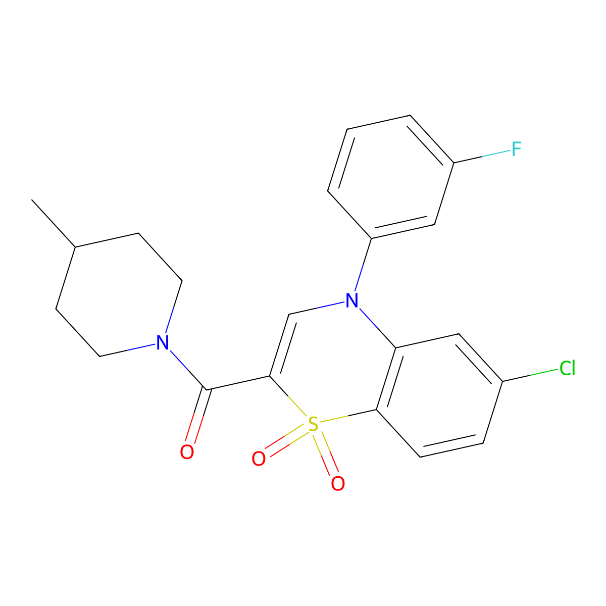 [6-chloro-4-(3-fluorophenyl)-1,1-dioxido-4H-1,4-benzothiazin-2-yl](4-methylpiperidin-1-yl)methanone molecular structure, CAS 1251593-47-1