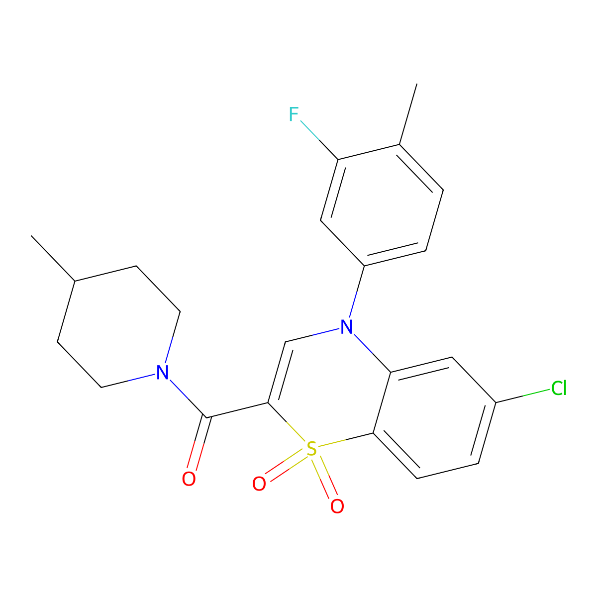 (6-chloro-4-(3-fluoro-4-methylphenyl)-1,1-dioxido-4H-benzo[b][1,4]thiazin-2-yl)(4-methylpiperidin-1-yl)methanone molecular structure, CAS 1251593-50-6