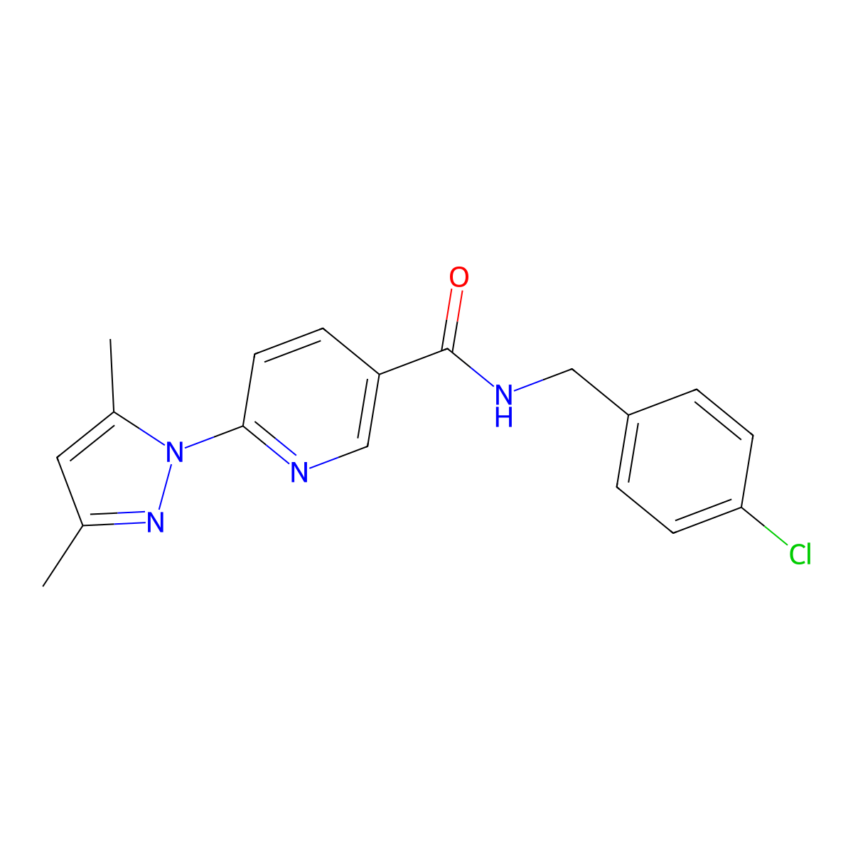 N-[(4-chlorophenyl)methyl]-6-(3,5-dimethyl-1H-pyrazol-1-yl)pyridine-3-carboxamide molecular structure, CAS 1251593-58-4
