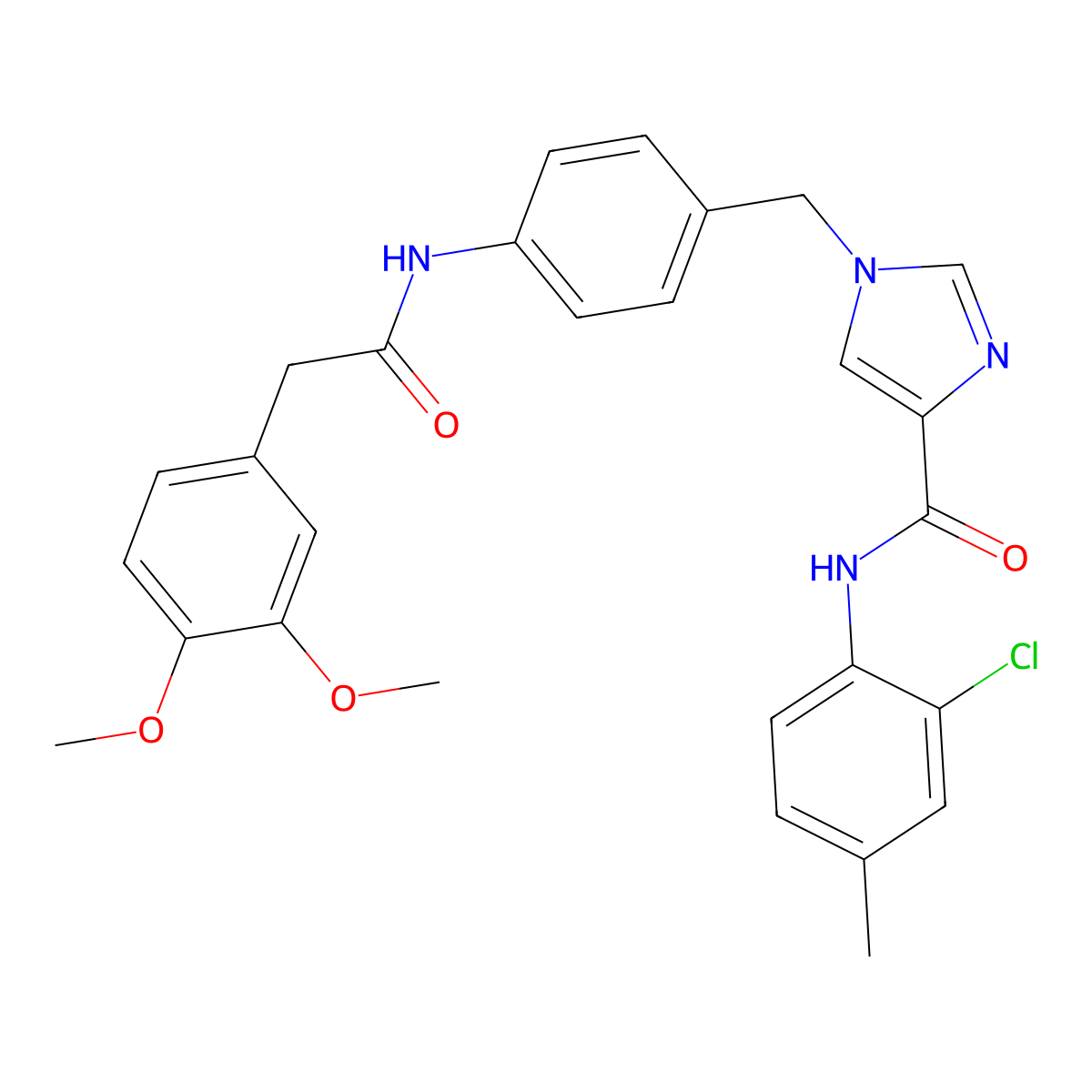 N-(2-chloro-4-methylphenyl)-1-(4-(2-(3,4-dimethoxyphenyl)acetamido)benzyl)-1H-imidazole-4-carboxamide molecular structure, CAS 1251593-69-7