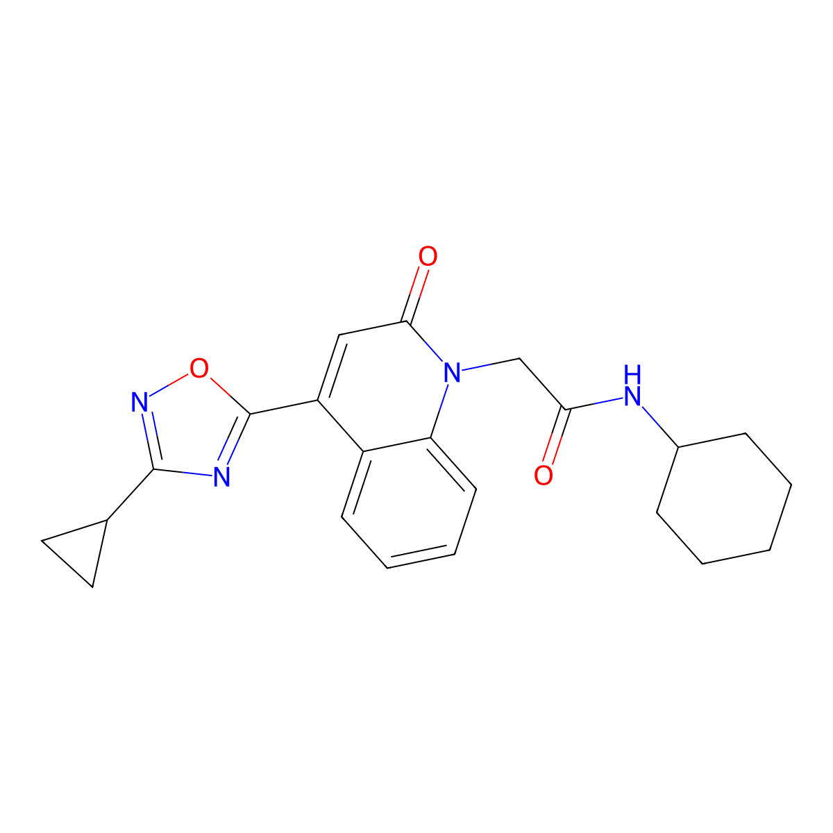 N-cyclohexyl-2-(4-(3-cyclopropyl-1,2,4-oxadiazol-5-yl)-2-oxoquinolin-1(2H)-yl)acetamide molecular structure, CAS 1251593-85-7