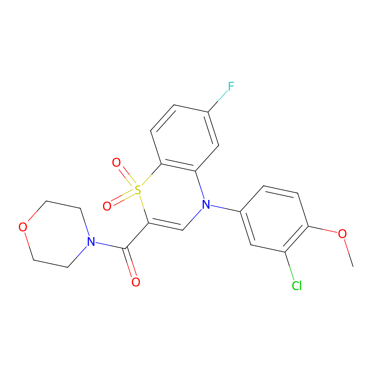 (4-(3-chloro-4-methoxyphenyl)-6-fluoro-1,1-dioxido-4H-benzo[b][1,4]thiazin-2-yl)(morpholino)methanone molecular structure, CAS 1251593-86-8