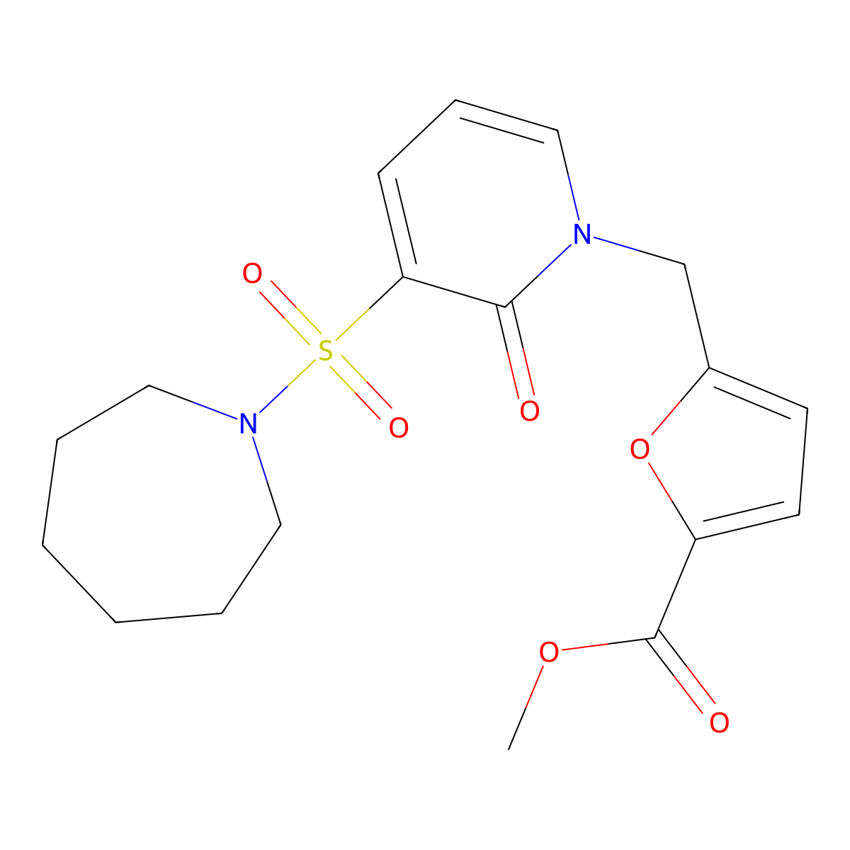 Methyl 5-{[3-(azepane-1-sulfonyl)-2-oxo-1,2-dihydropyridin-1-yl]methyl}furan-2-carboxylate molecular structure, CAS 1251593-88-0