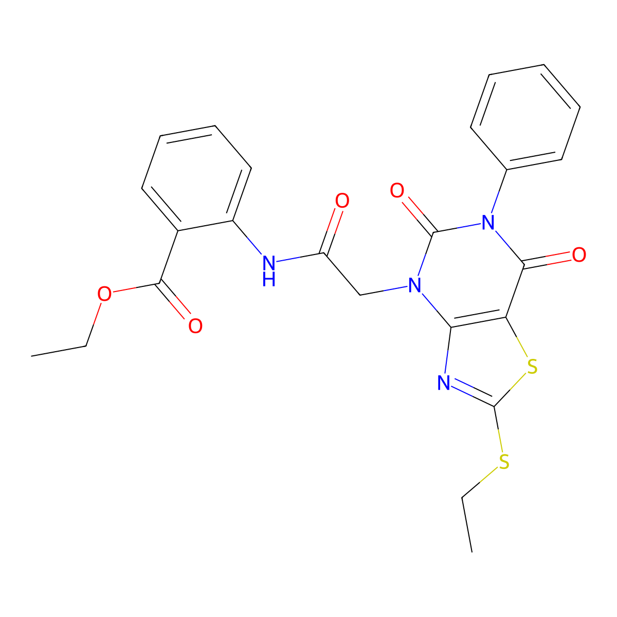ethyl 2-(2-(2-(ethylthio)-5,7-dioxo-6-phenyl-6,7-dihydrothiazolo[4,5-d]pyrimidin-4(5H)-yl)acetamido)benzoate molecular structure, CAS 1251593-97-1