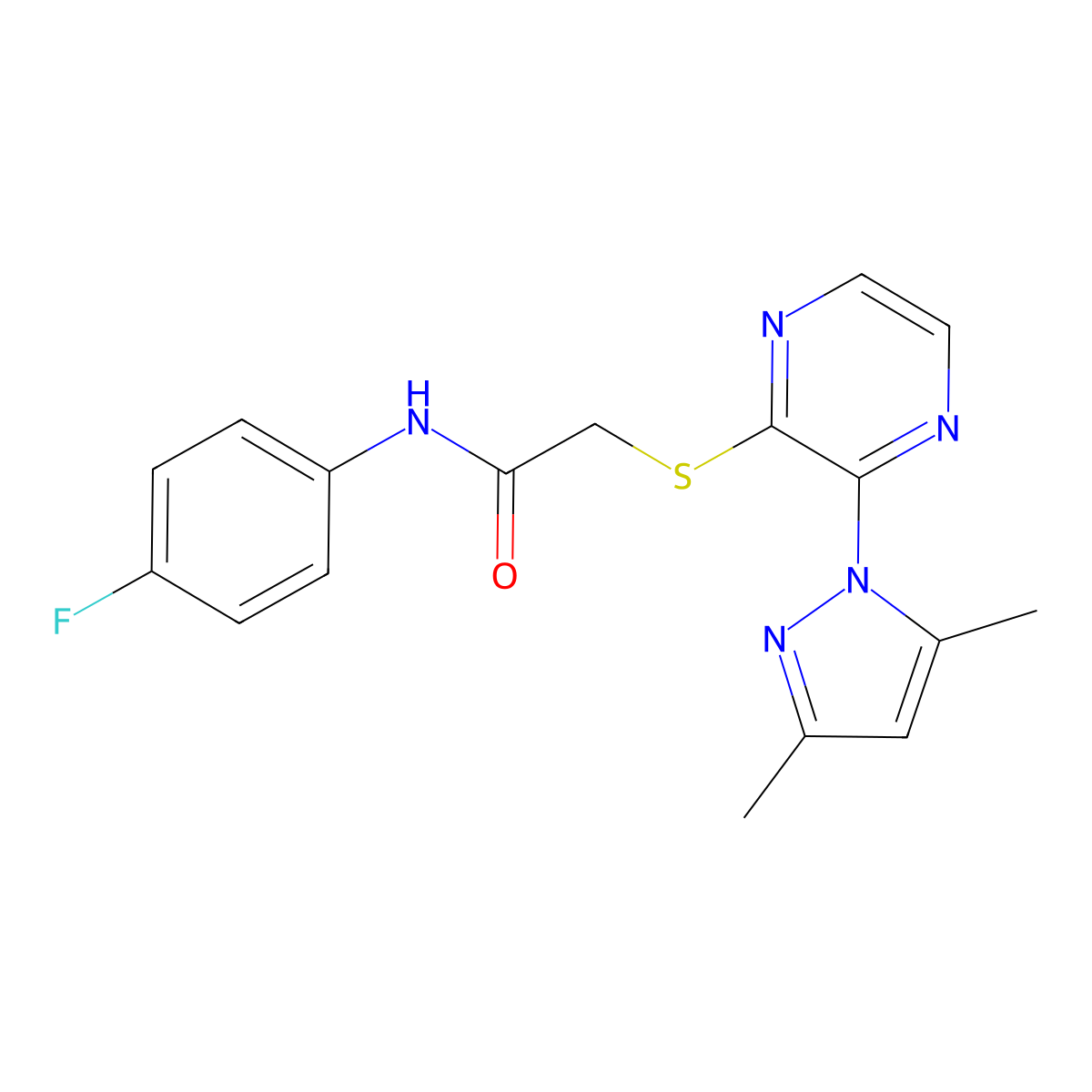 2-((3-(3,5-dimethyl-1H-pyrazol-1-yl)pyrazin-2-yl)thio)-N-(4-fluorophenyl)acetamide molecular structure, CAS 1251594-00-9