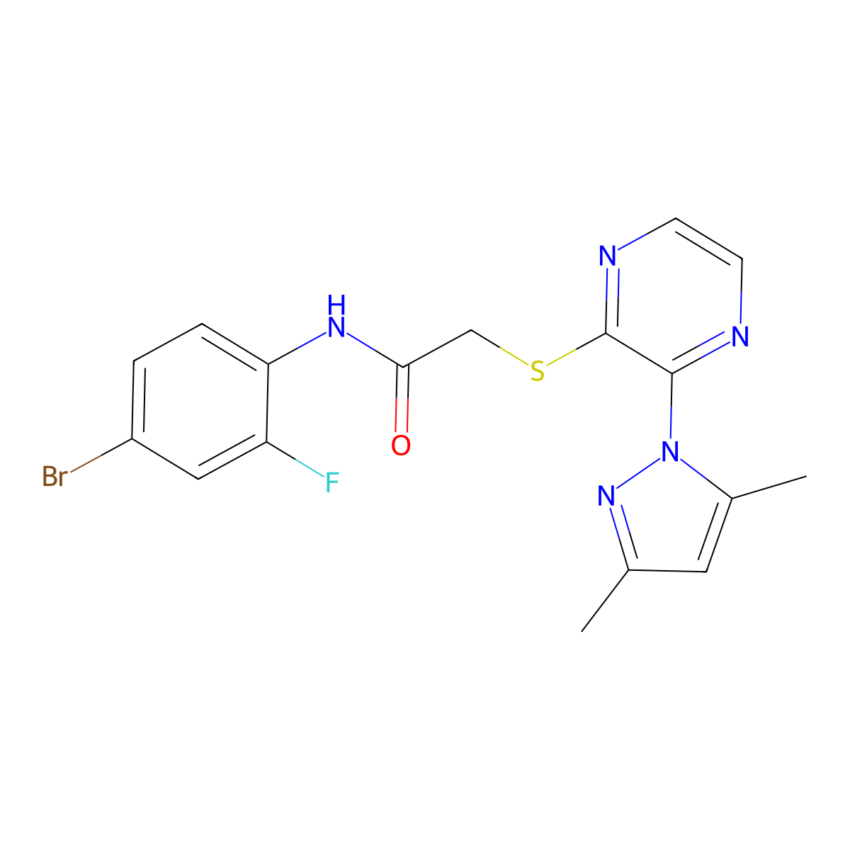 N-(4-bromo-2-fluorophenyl)-2-((3-(3,5-dimethyl-1H-pyrazol-1-yl)pyrazin-2-yl)thio)acetamide molecular structure, CAS 1251594-07-6