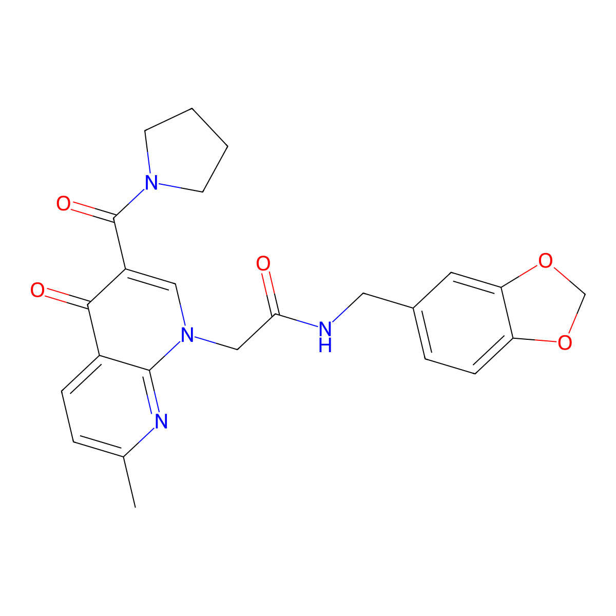 N-(benzo[d][1,3]dioxol-5-ylmethyl)-2-(7-methyl-4-oxo-3-(pyrrolidine-1-carbonyl)-1,8-naphthyridin-1(4H)-yl)acetamide molecular structure, CAS 1251594-61-2