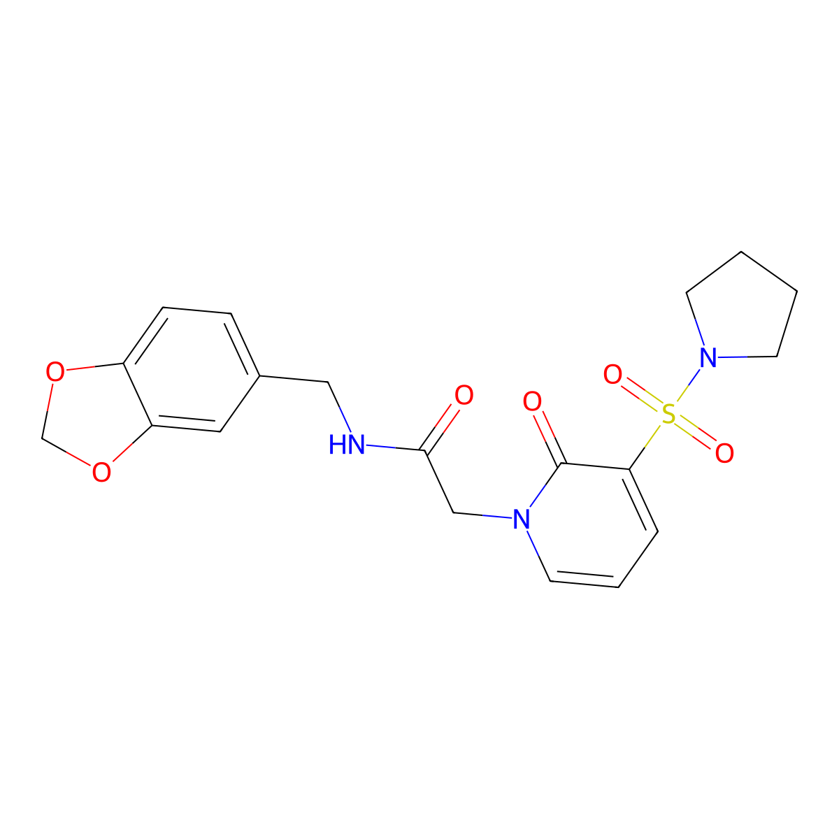N-[(2H-1,3-benzodioxol-5-yl)methyl]-2-[2-oxo-3-(pyrrolidine-1-sulfonyl)-1,2-dihydropyridin-1-yl]acetamide molecular structure, CAS 1251595-19-3