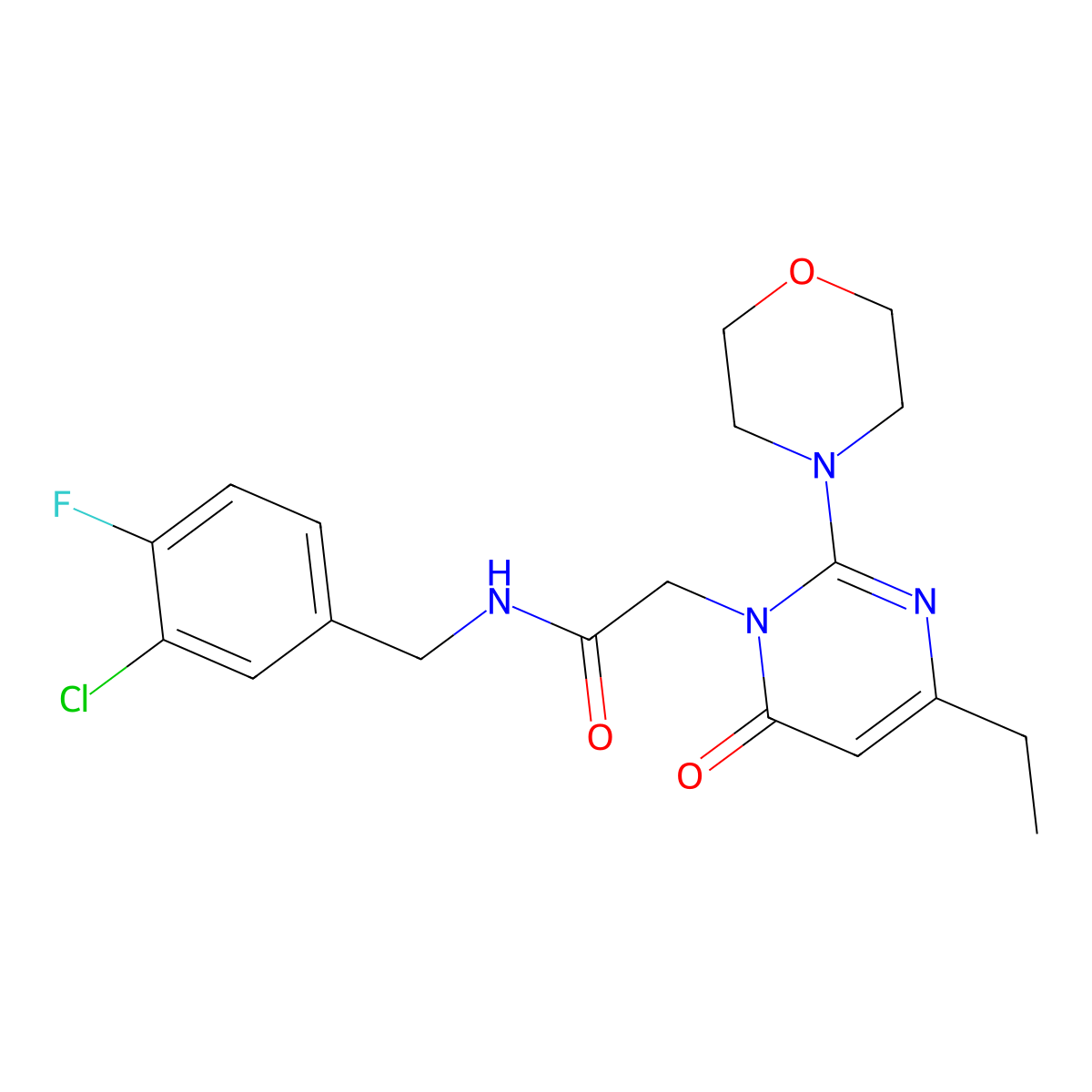 N-[(3-chloro-4-fluorophenyl)methyl]-2-[4-ethyl-2-(morpholin-4-yl)-6-oxo-1,6-dihydropyrimidin-1-yl]acetamide molecular structure, CAS 1251595-22-8