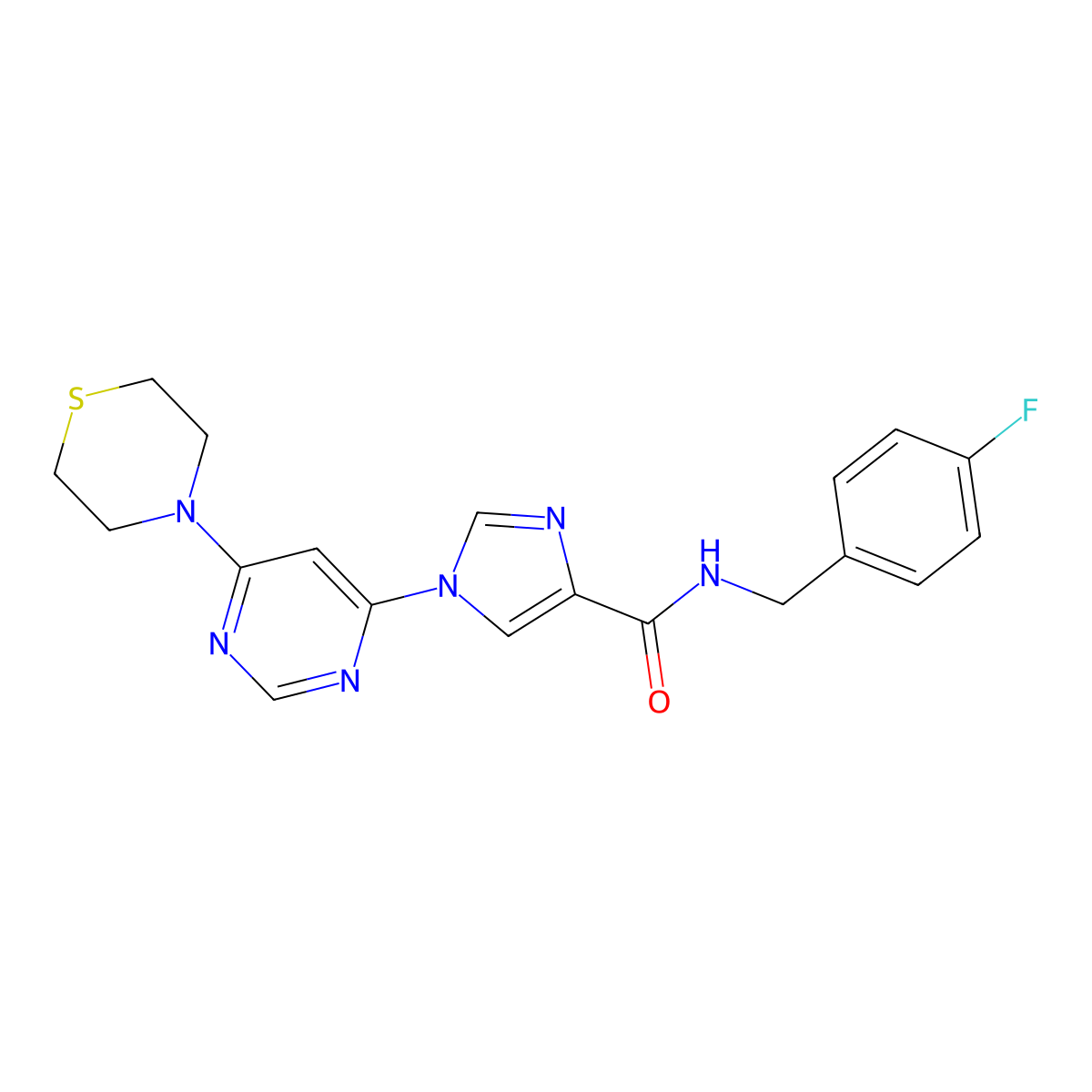 N-[(4-fluorophenyl)methyl]-1-[6-(thiomorpholin-4-yl)pyrimidin-4-yl]-1H-imidazole-4-carboxamide molecular structure, CAS 1251595-60-4
