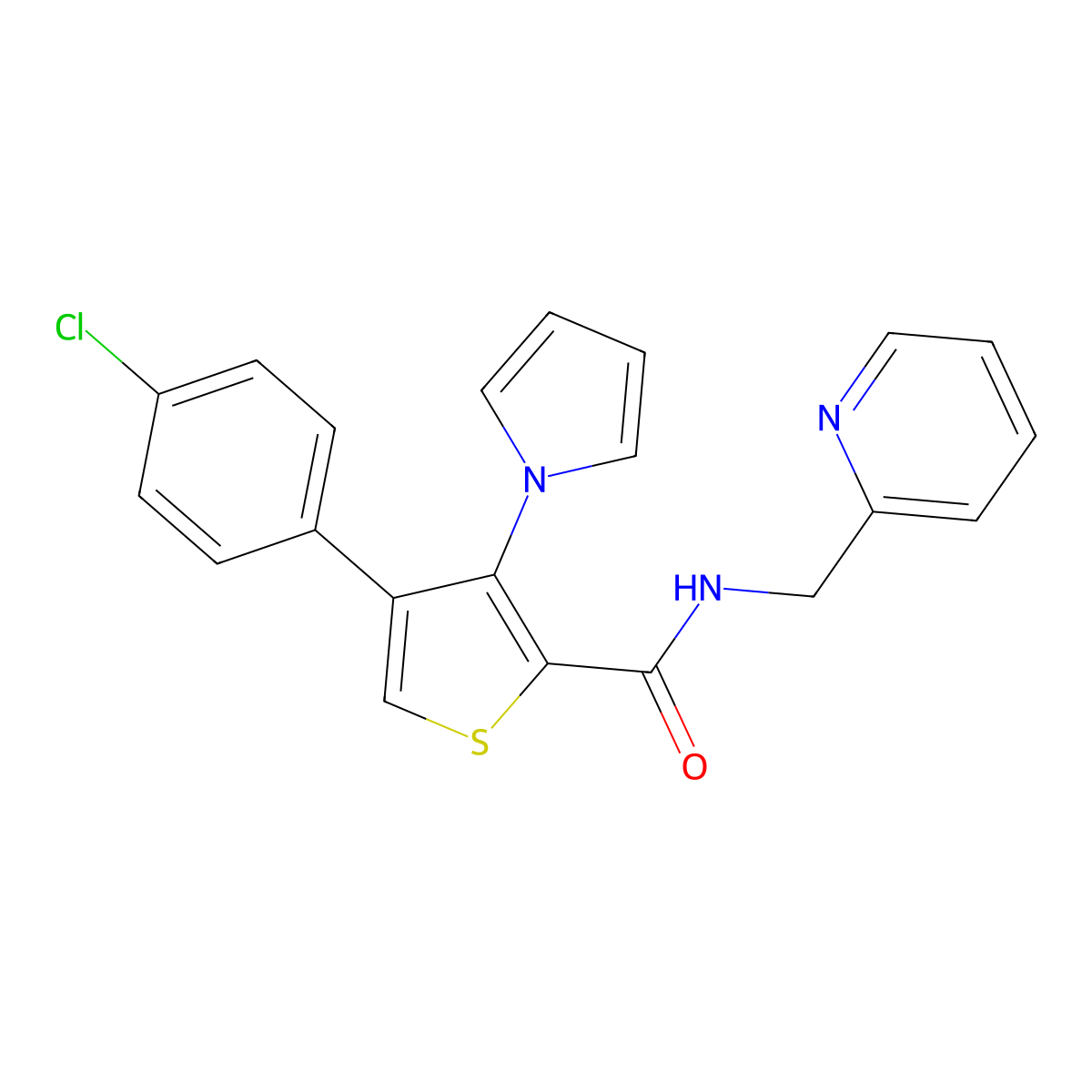 4-(4-chlorophenyl)-N-(pyridin-2-ylmethyl)-3-(1H-pyrrol-1-yl)thiophene-2-carboxamide molecular structure, CAS 1251595-83-1