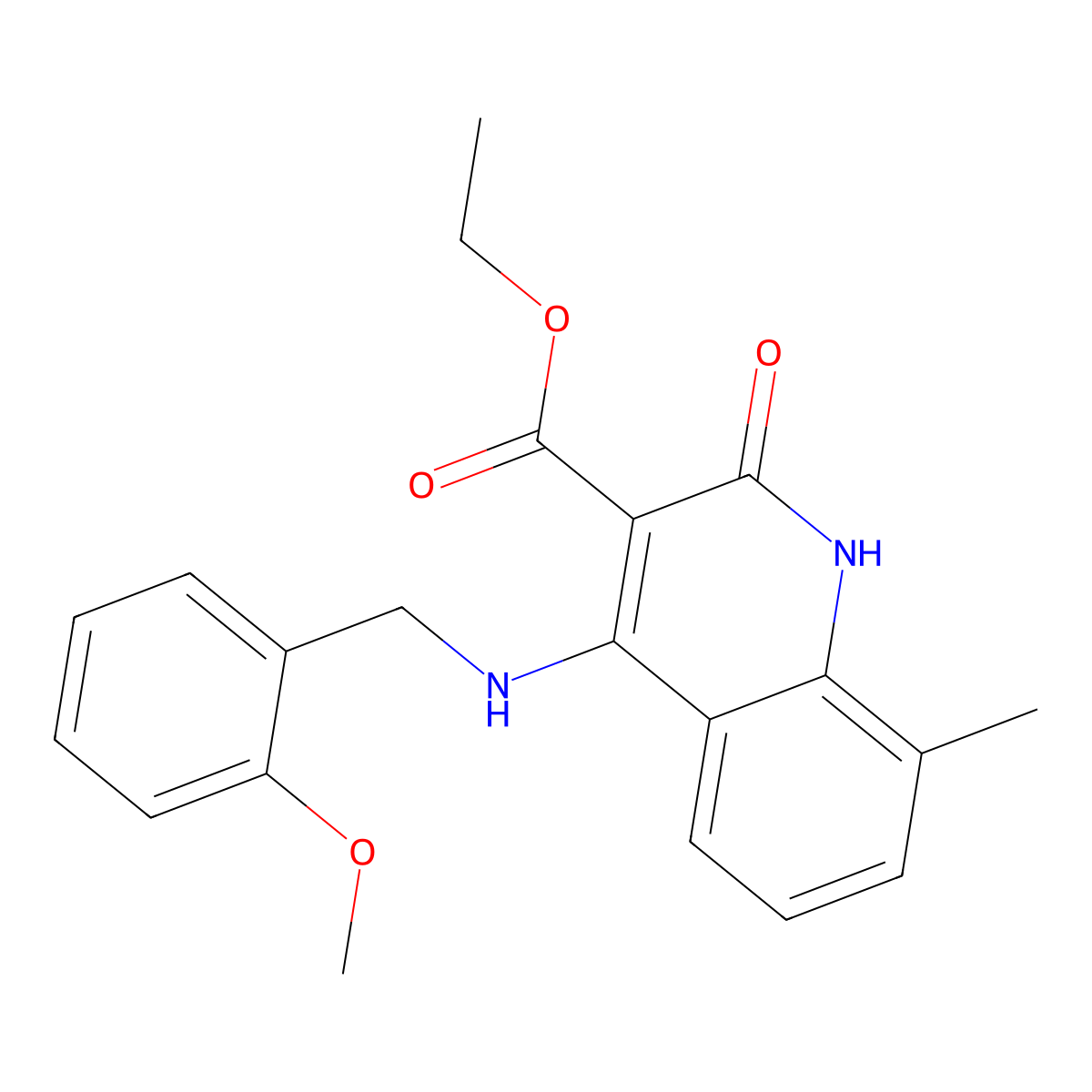 Ethyl 4-((2-methoxybenzyl)amino)-8-methyl-2-oxo-1,2-dihydroquinoline-3-carboxylate molecular structure, CAS 1251596-07-2