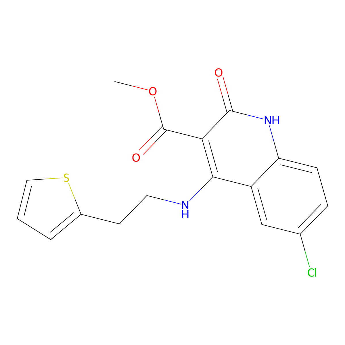 Methyl 6-chloro-2-oxo-4-((2-(thiophen-2-yl)ethyl)amino)-1,2-dihydroquinoline-3-carboxylate molecular structure, CAS 1251596-14-1