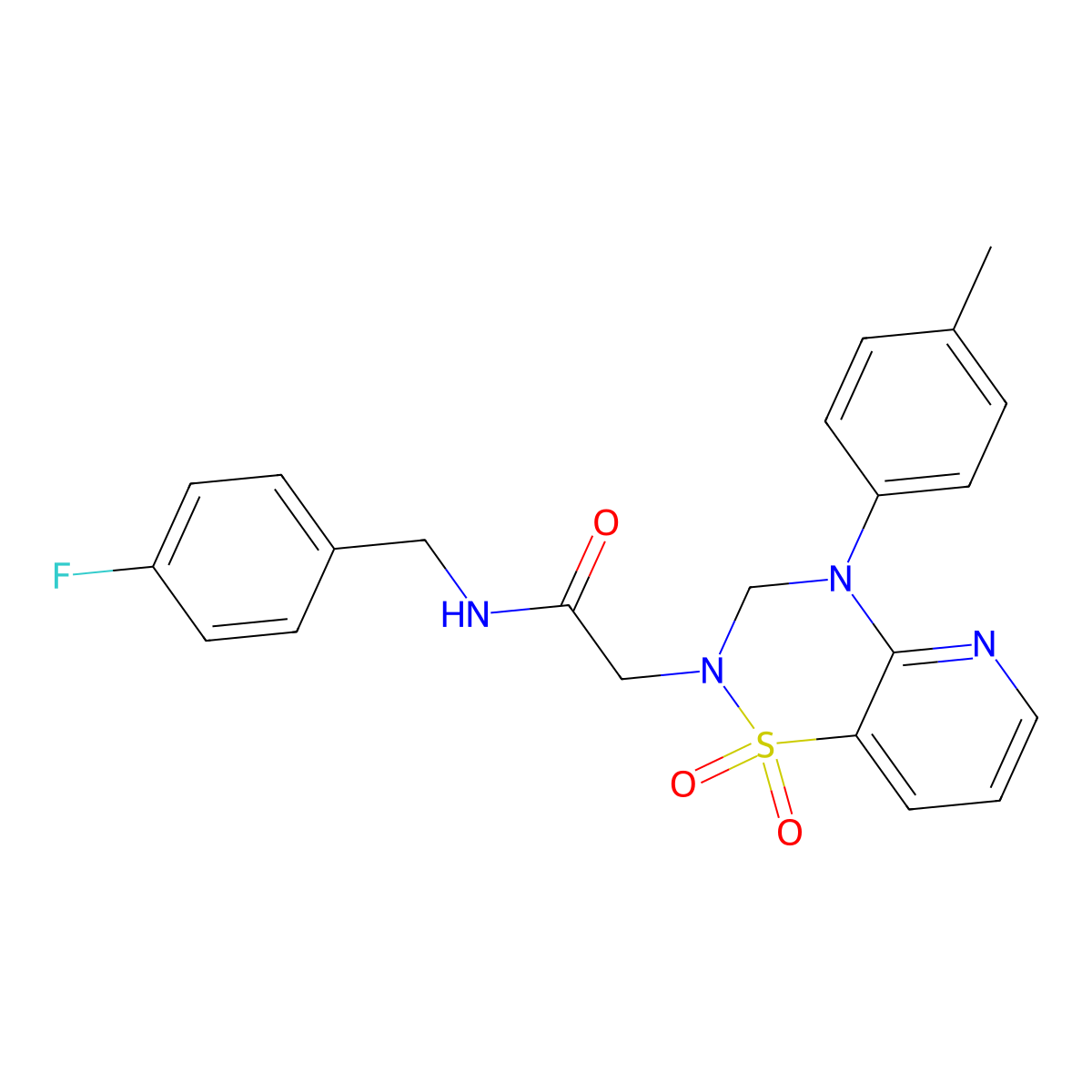 2-(1,1-dioxido-4-(p-tolyl)-3,4-dihydro-2H-pyrido[2,3-e][1,2,4]thiadiazin-2-yl)-N-(4-fluorobenzyl)acetamide molecular structure, CAS 1251596-32-3