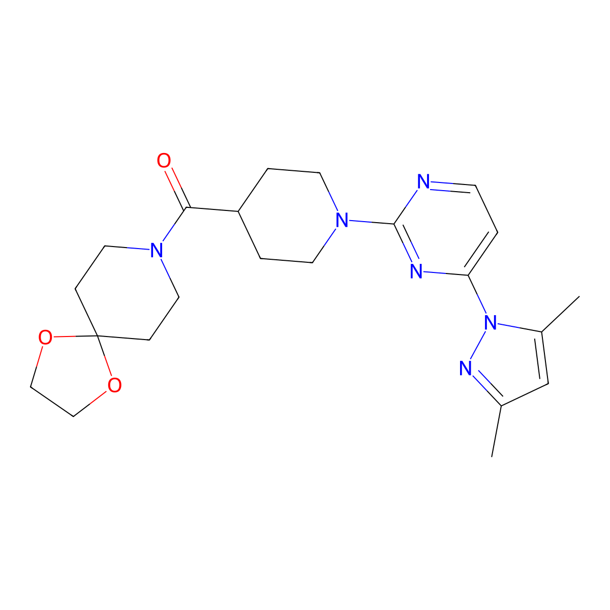 (1-(4-(3,5-dimethyl-1H-pyrazol-1-yl)pyrimidin-2-yl)piperidin-4-yl)(1,4-dioxa-8-azaspiro[4.5]decan-8-yl)methanone molecular structure, CAS 1251597-24-6