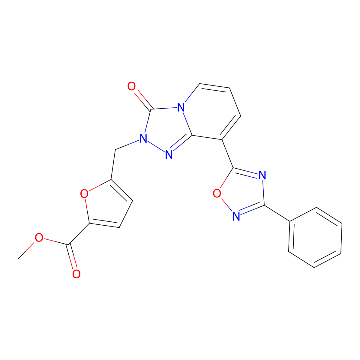 methyl 5-((3-oxo-8-(3-phenyl-1,2,4-oxadiazol-5-yl)-[1,2,4]triazolo[4,3-a]pyridin-2(3H)-yl)methyl)furan-2-carboxylate molecular structure, CAS 1251597-30-4