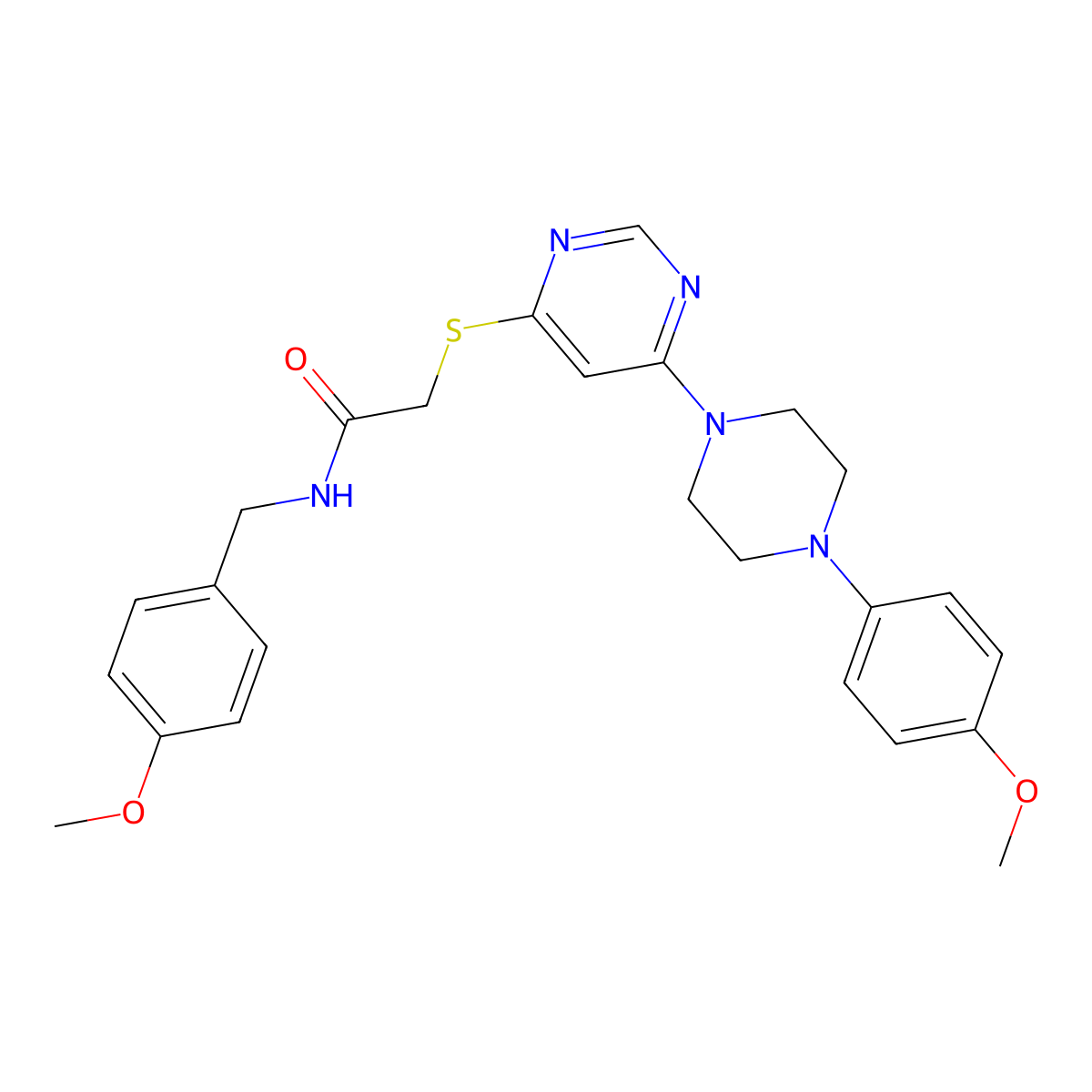 N-[(4-methoxyphenyl)methyl]-2-({6-[4-(4-methoxyphenyl)piperazin-1-yl]pyrimidin-4-yl}sulfanyl)acetamide molecular structure, CAS 1251597-56-4