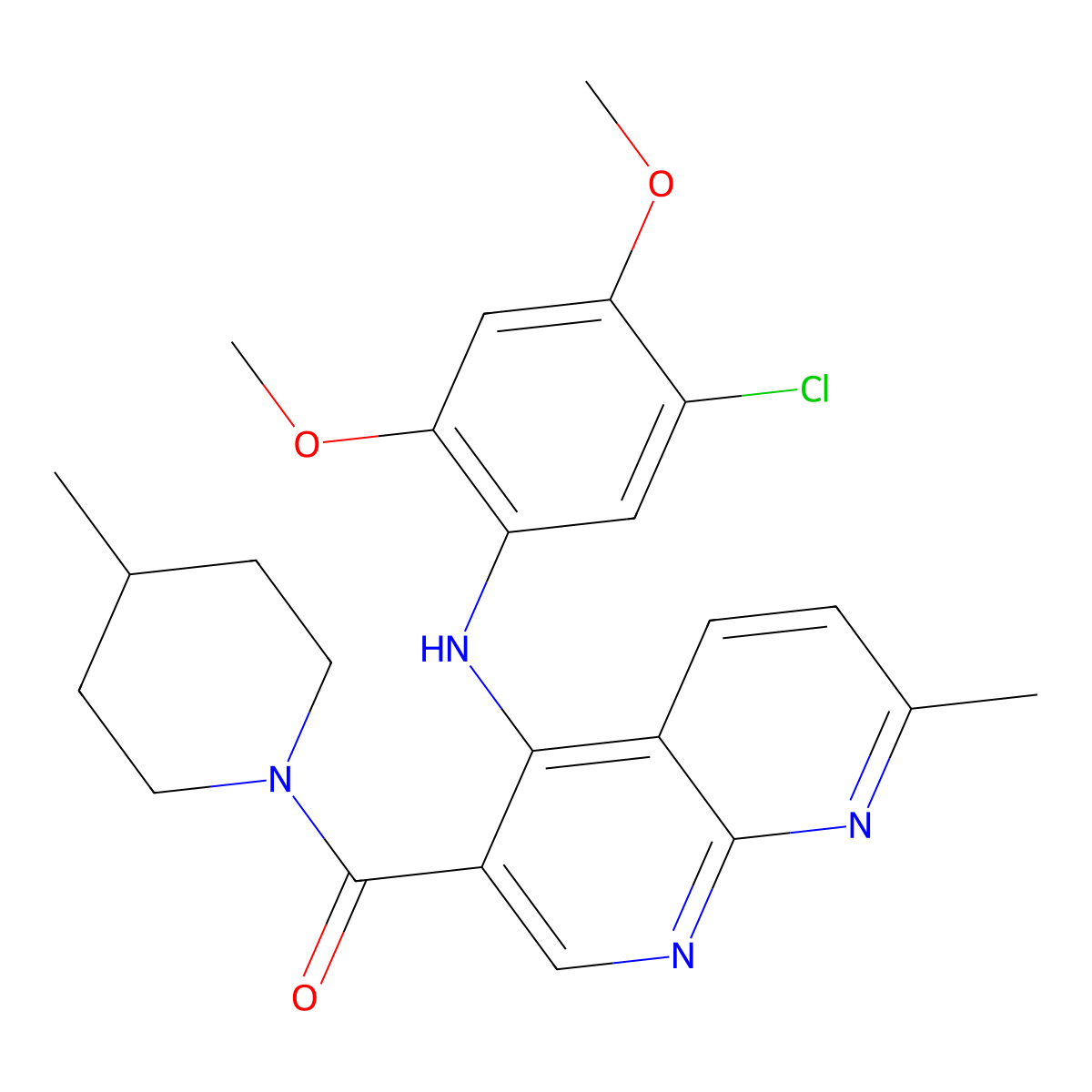 (4-((5-Chloro-2,4-dimethoxyphenyl)amino)-7-methyl-1,8-naphthyridin-3-yl)(4-methylpiperidin-1-yl)methanone molecular structure, CAS 1251597-70-2